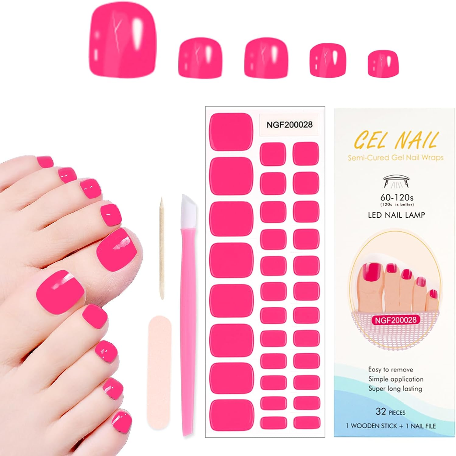 JERCLITY 1 Sheet 32Pcs Sea Wave Semi Cured Gel Toenail Strips, Toenail Wraps, Gel Pedicure Strips, Needed LED Lamp to Cured,1 Nail File,1 Wooden Cuticle Stick, 1 Plastic Press Stick