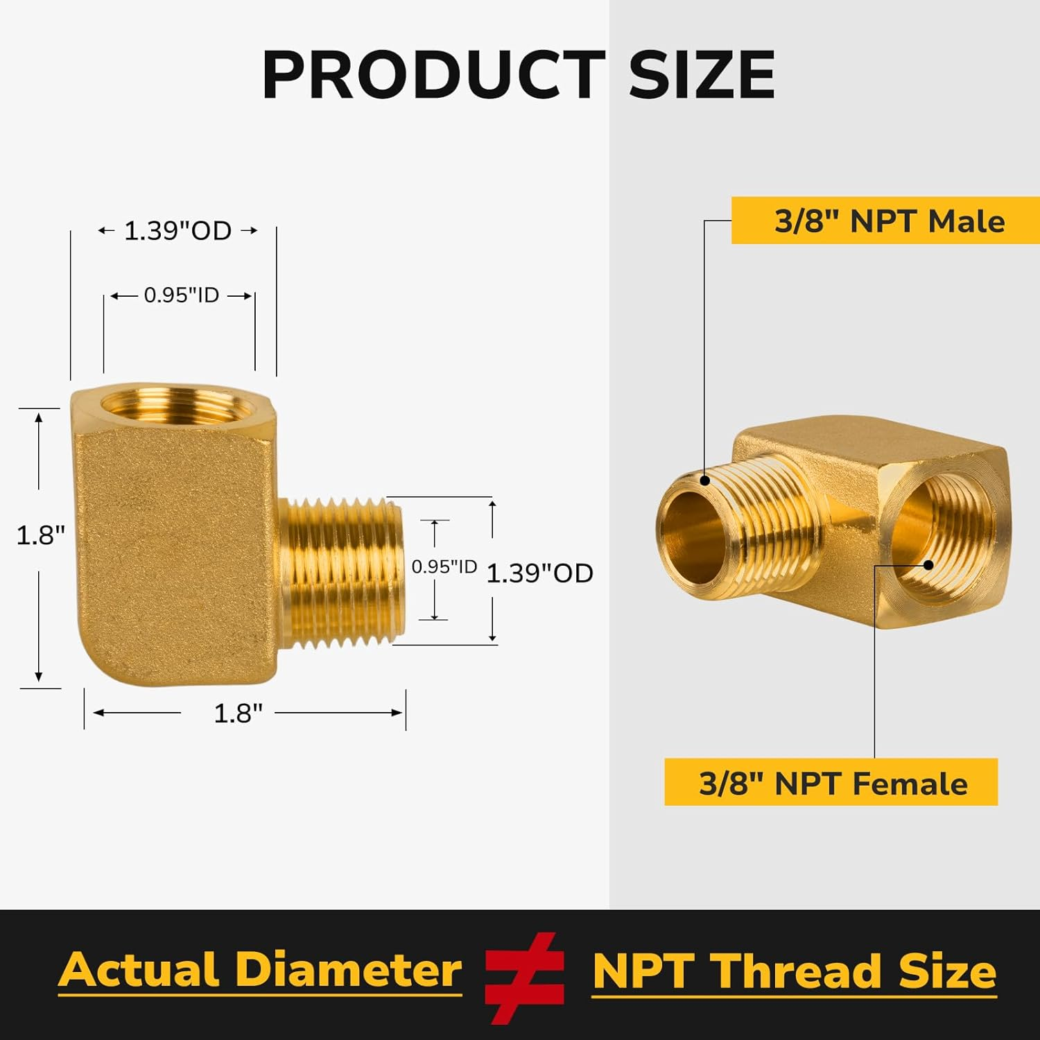 90 Degree Elbow, 3/8" NPT Male &times; 3/8" NPT Female Brass Pipe Fitting, Barstock Street Elbow Adapter for Propane, Oil, Gas, Air Flow Systems, Corrosion Resistant, 1200 PSI Rated, 1 Pack image number 2