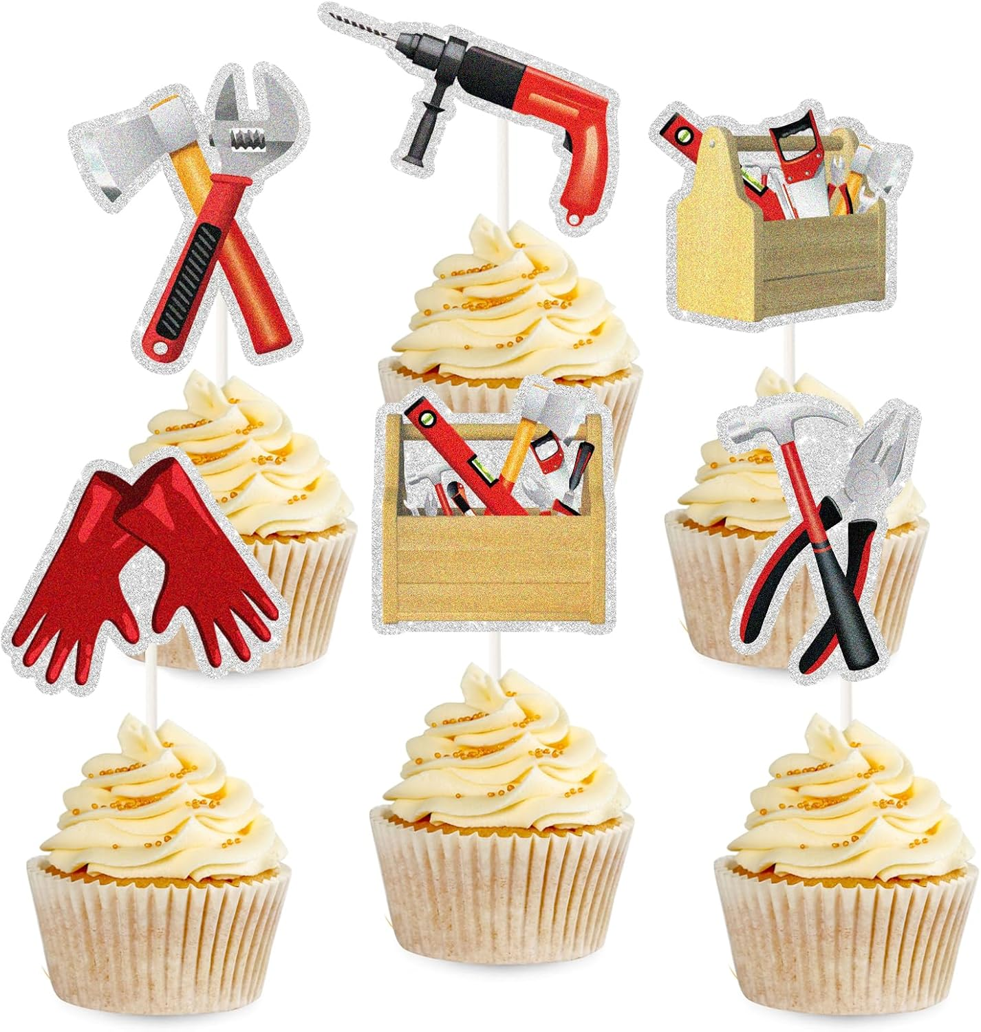 18Pcs Tools Cupcake Cake Toppers, Drill Tape Measure Handsaw Plier Wrench Toolbox Hammer Mechanic Screwdrivers Cupcake Picks,Tools Birthday Party Decorations image number 5