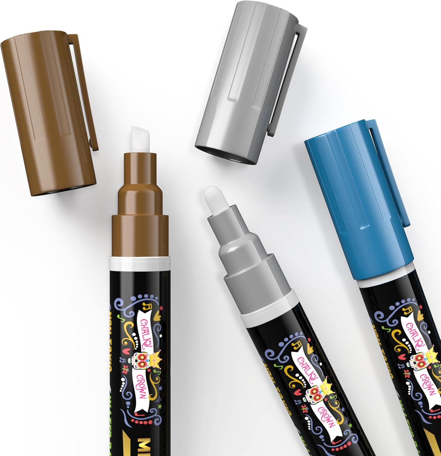 CHALKY CROWN Metallic Liquid Chalk Markers for Blackboard - Drawing Markers with Reversible Bullet and Chisel Tips - Dust Free Charlkboard Markers - Chalk Pens Mirror Pens (8 Pack) image number 1