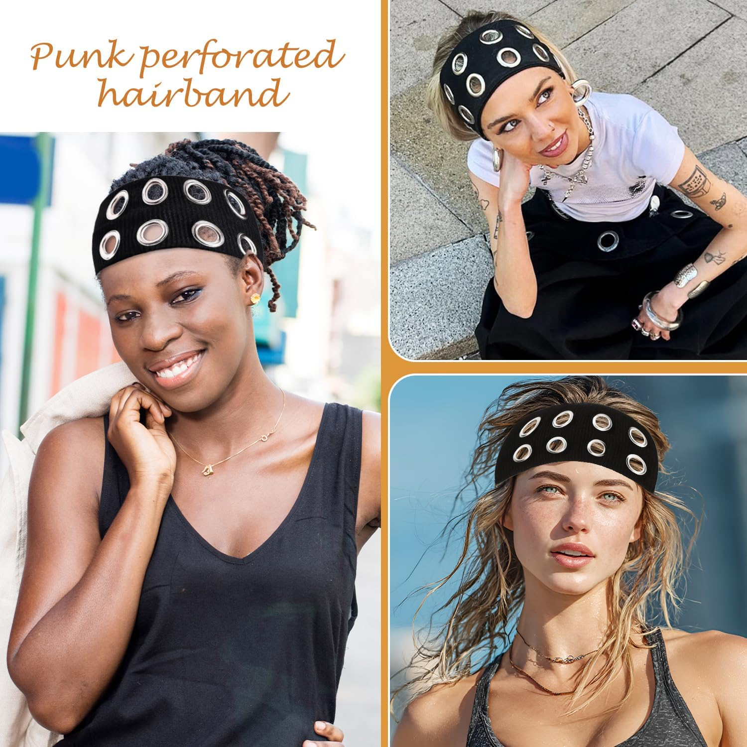 Black Hollow Knitted Headband, Metal Elastic Headband with Eyelets, Y2K Girls Women Punk Rock Wide Hair Accessories, Women'S Hairbands, Casual Hair Accessories image number 4