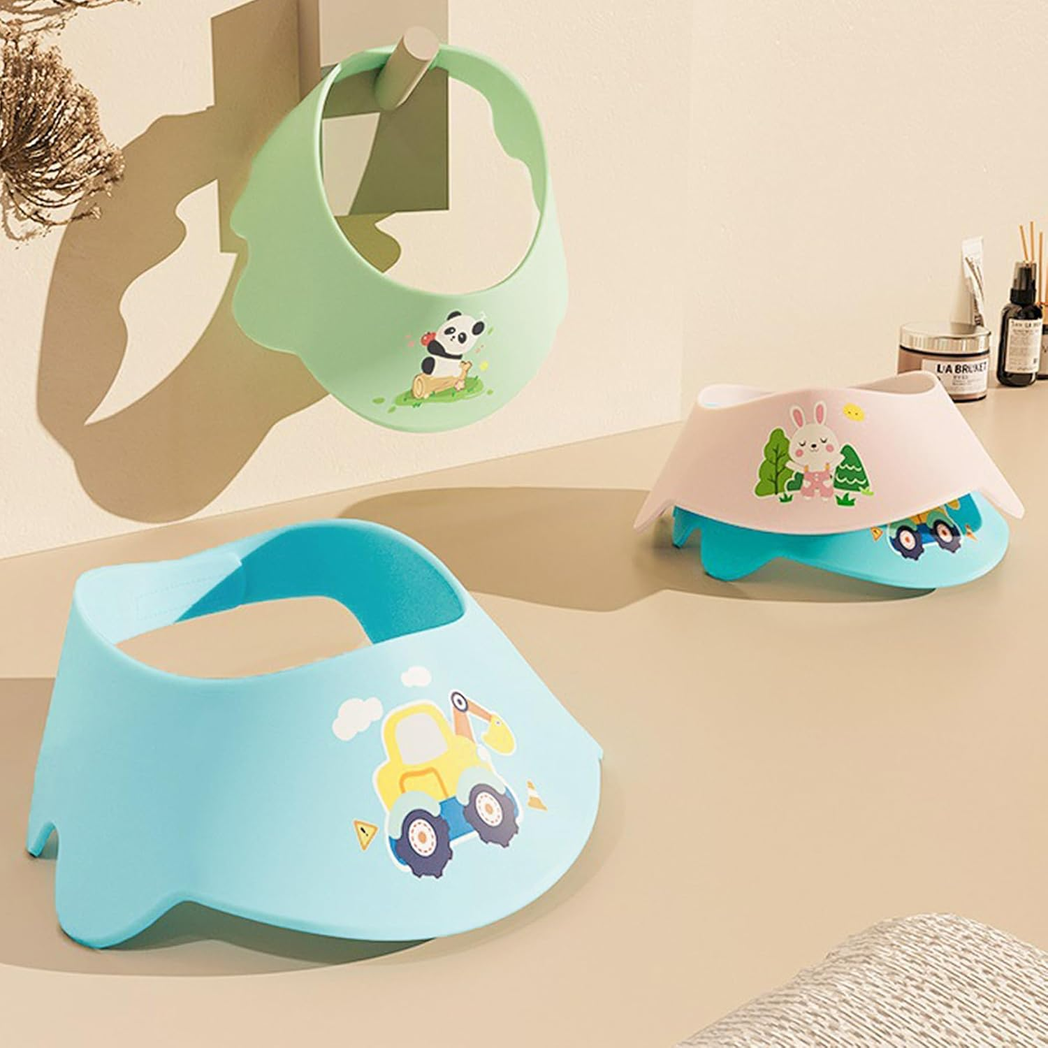 LADES Baby Shower Caps Shield - Adjustable Kids Bath Visor Hat Shampoo Washing Hair Protection Soft Cartoon for Toddler - 2Pack-Blue Dinosaur+Pink Rabbit image number 4