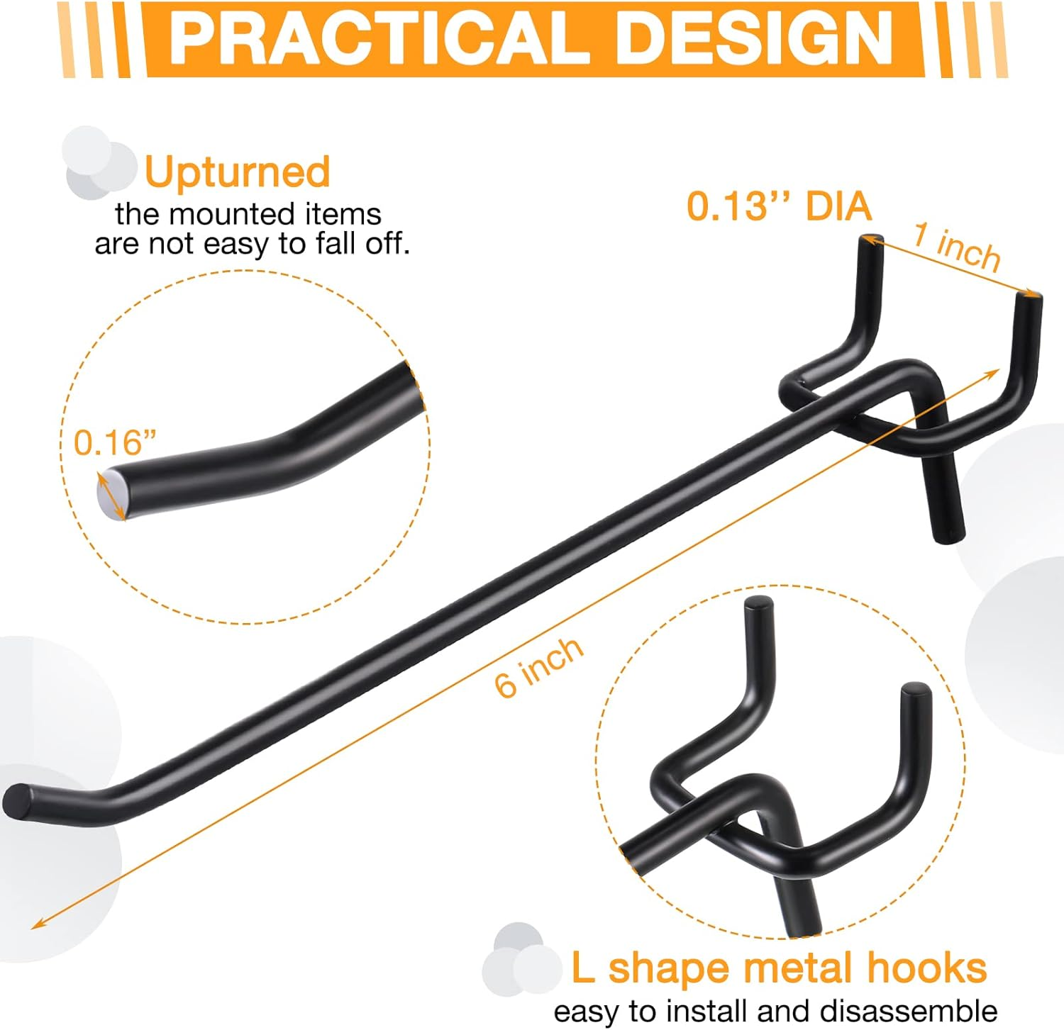 Shimeyao 100 Black Stainless Steel Pegboard Hooks (6 Inch) for 1/8 and 1/4 Pegboard, Garage Storage Organizer image number 3