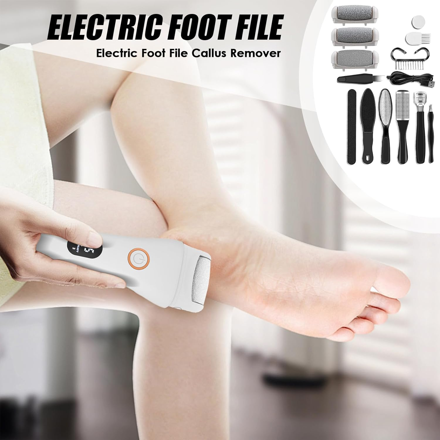 Electric Foot File, Electric Foot File Callus Remover, Rechargeable Cordless Portable Grinder Shaver Sander for Pedicure, Home, Bath, Spa, Salon - Black image number 2