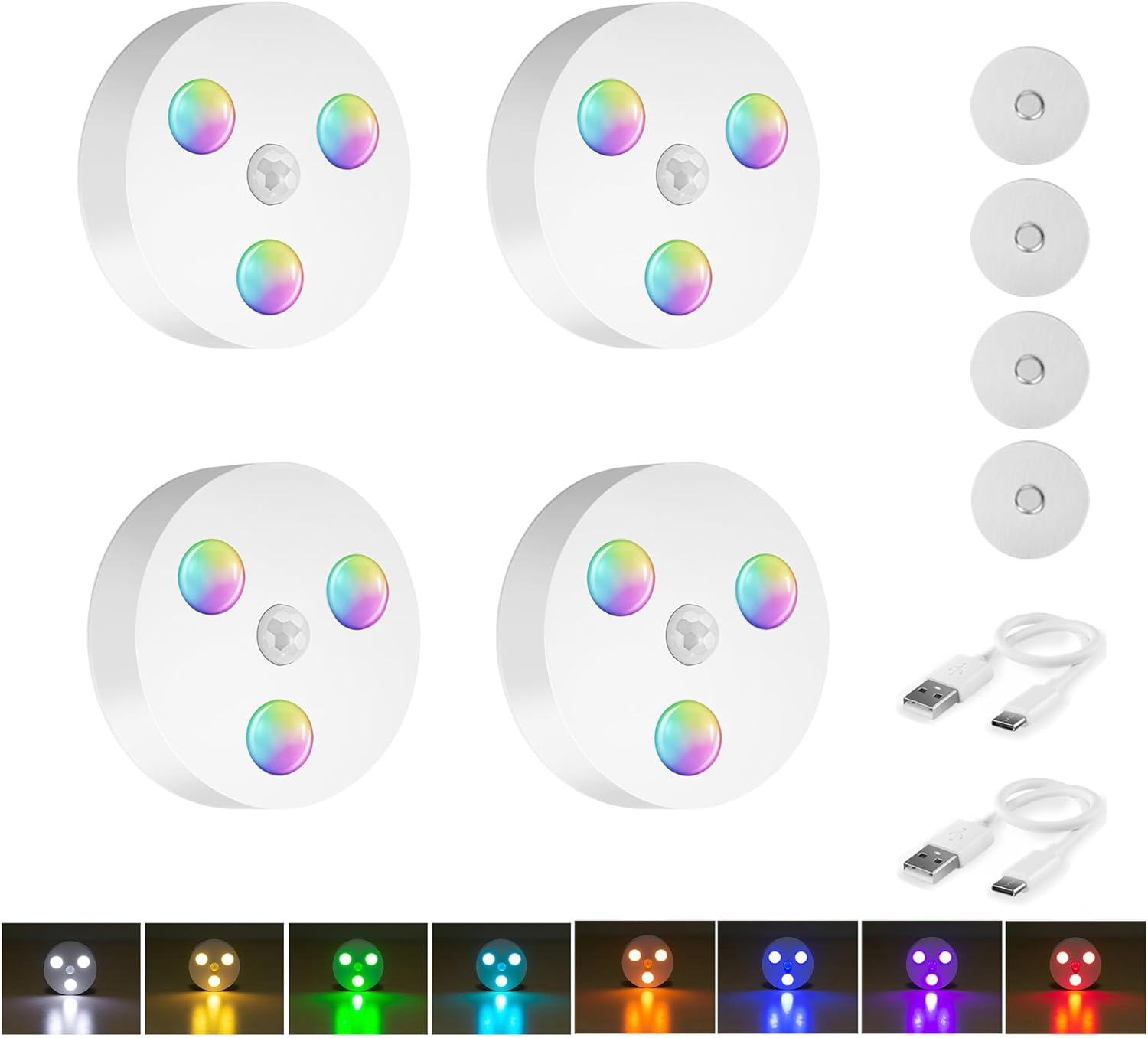 Singhong Motion Sensor Night Light, Rechargeable, 8 Colors, Perfect for Bedroom, Hallway, Cabinet, Closet, Stairs, Bathroom, Magnetic Stick Anywhere (2 Pack White)