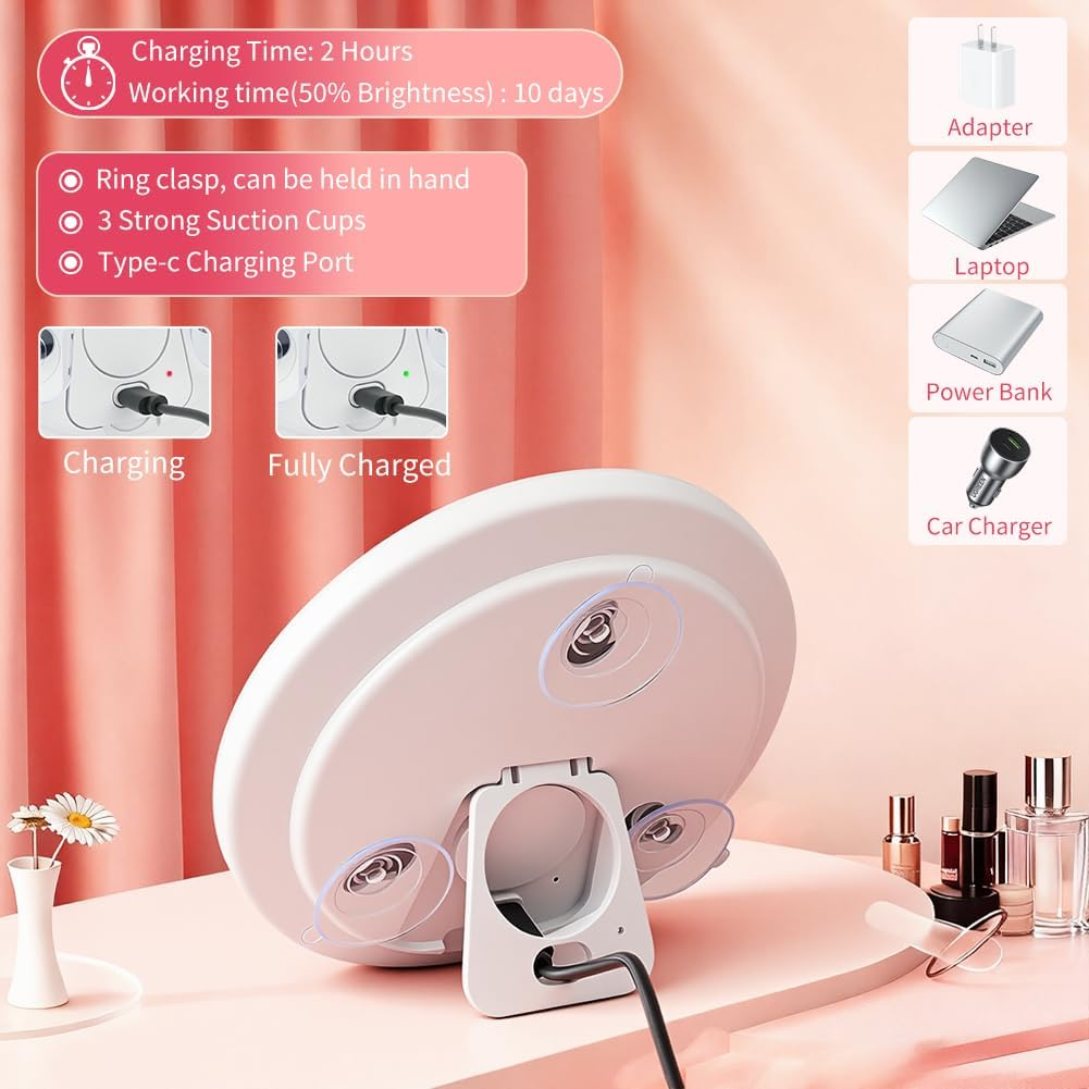 Compact Suction Cup Makeup Mirror, 30X Makeup Mirror with Light, Folding Dimmable Touch Screen Mirrors, Rechargeable 3 Colors Modes and Adjustable Brightness for Bathroom Travel - 30X image number 2