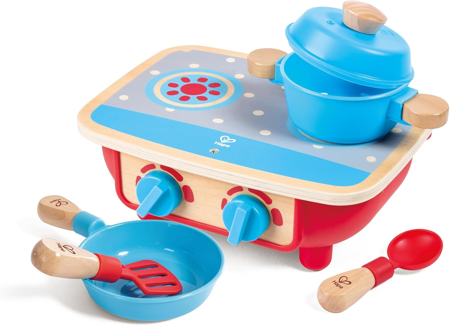 Hape 6Pc Toddler Kitchen Play Set &ndash; Wooden Pretend Cooking Toy with Stove, Pot, Pan & Utensils &ndash; Fun Role-Playing for Kids & Children &ndash; Safe & Durable &ndash; Ages 18M+ - Lebendige Farben image number 5