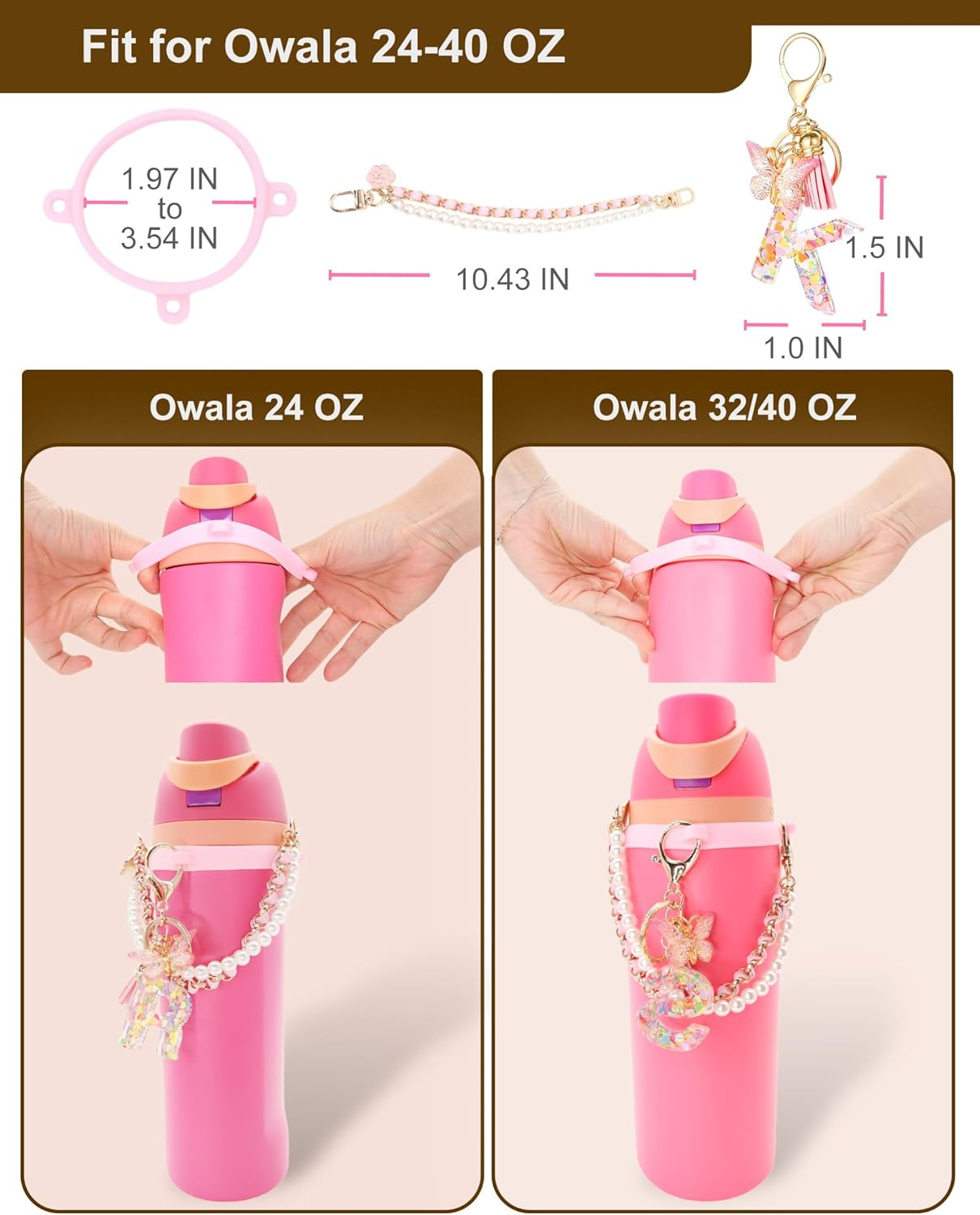TOVICE Letter Accessories for Owala Water Bottle 24-40Oz, 3PC Cute Initial Keychain & Water Bottle Handle Strap with a Thick Elastic Silicone Ring Holder image number 6