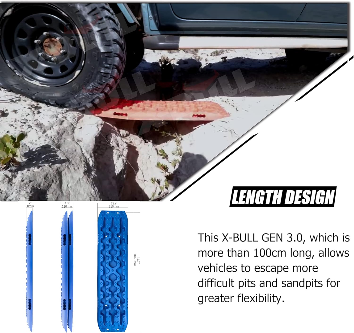 X-Bull Recovery Tracks with Bag and Mounting Pin Set 4X4 Recovery Boards Offroad 4Wd Tracks 22046LBS/10000KG Stand for Automotive Accessories Tires and Wheels in the Sand Mud Snow(Gen 3.0 Blue) image number 1