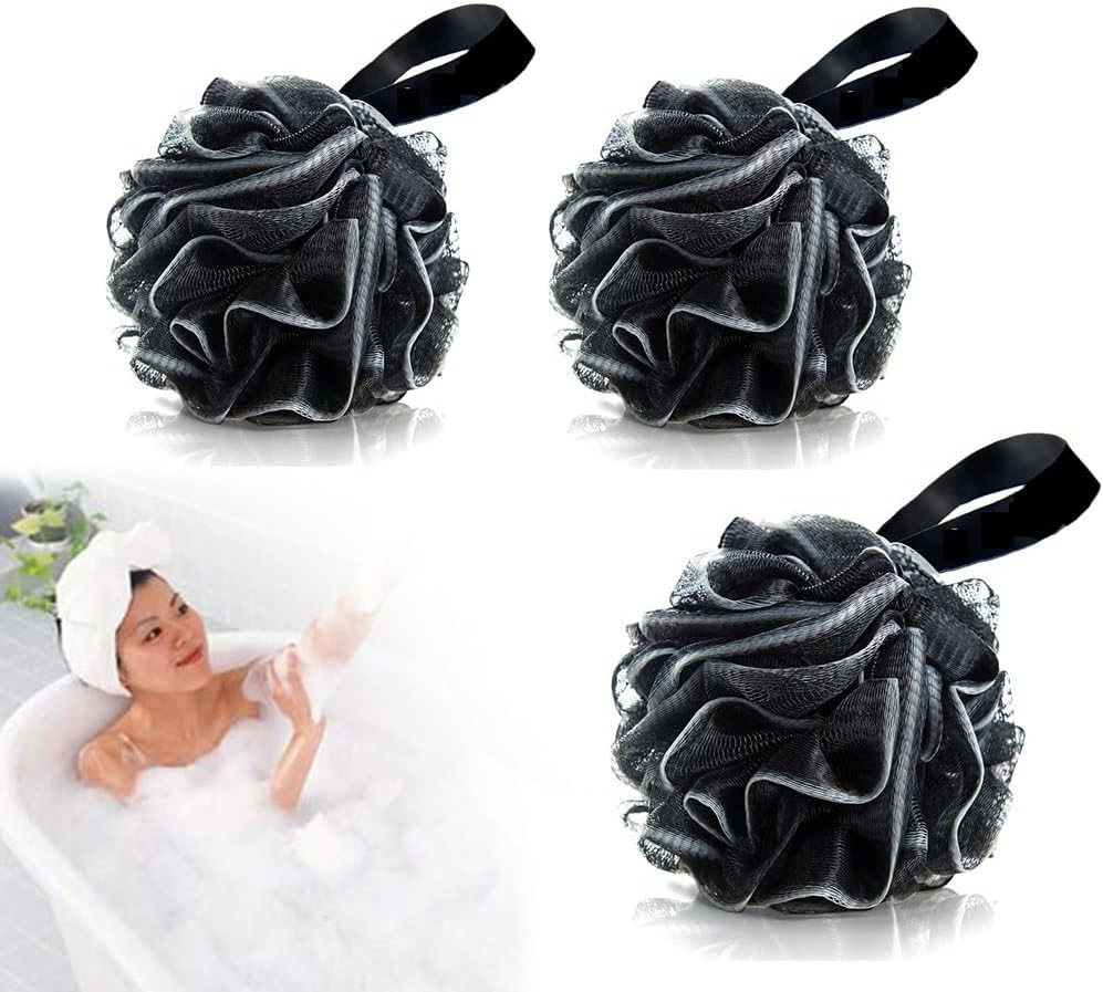Shower Bath Sponge, 3Pcs Black Bath Shower Sponge Exfoliating Pouf Loofahs, Gentle Shower Scrub Mesh Body Brush Ball, the Best Bathing Companion for Women Men image number 1