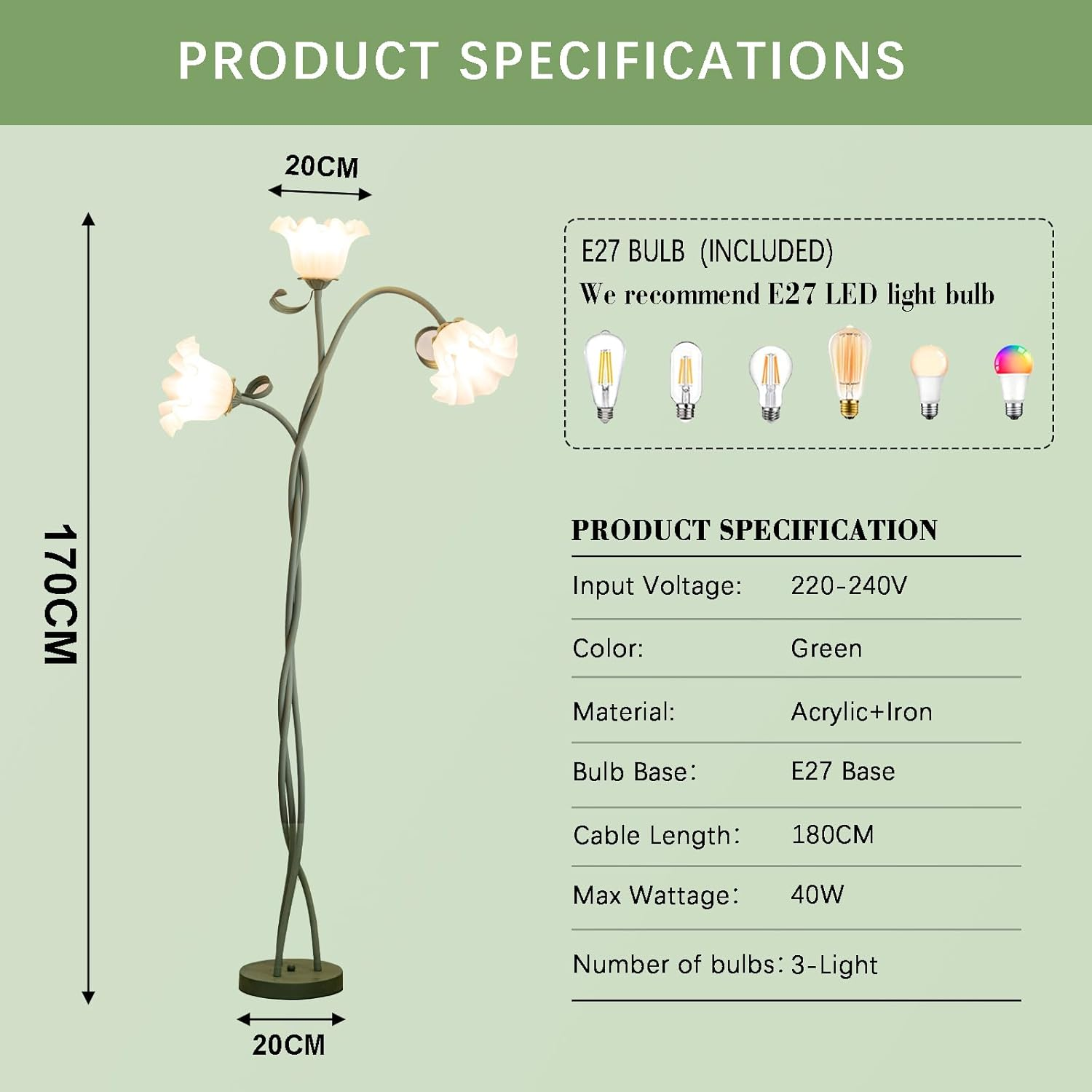 Green Floor Lamp - European DIY Iron Lamp with 3 Rotating Flowers, 170 Cm Modern Lamp, Suitable for Bedroom, Living Room, Study, Office, Includes 3 Bulbs image number 2