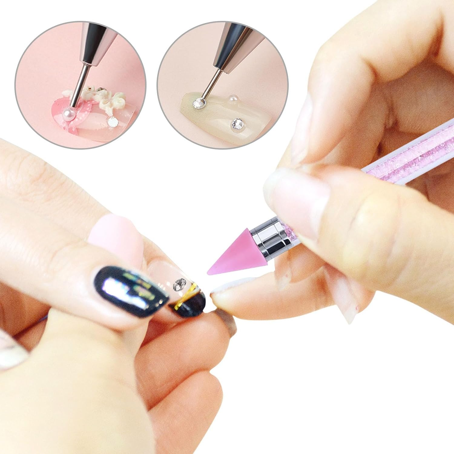 2 Pack Dual Ended Nail Rhinestones Picker Dotting Tools,Ergonomic Nail Art Crafts,Diy Nail Art Decoration Wax Tip Pencil for Nail Gems Stones Crystals Art Crafts with 2 Extra Wax Head image number 2