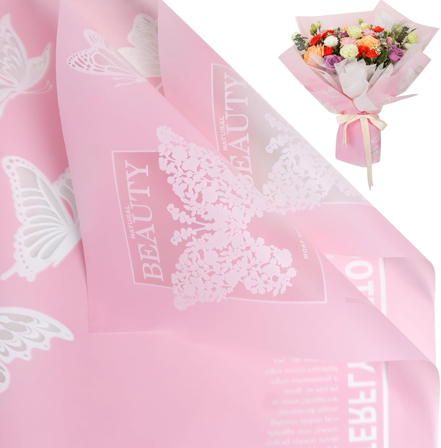NESCCI 20 Sheet Flower Wrapping Paper - Waterproof Floral Bouquet Wrapping Paper, Florist Supplies Packaging Paper for Wedding Birthday Gift DIY (Butterfly Pink)