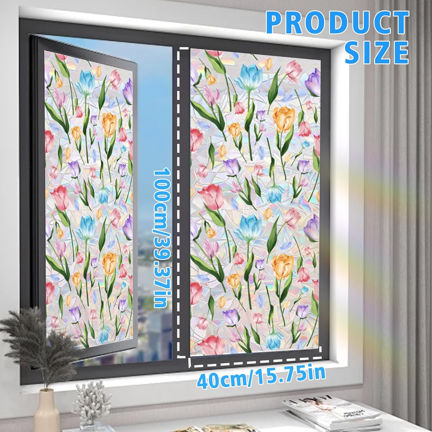Stained Glass Window Film, Floral Privacy Film for Glass Windows, Decorative Window Cling Film, Non Adhesive Window Coverings Film for Bathroom Home Office (15.7 X 39.3 In) image number 3