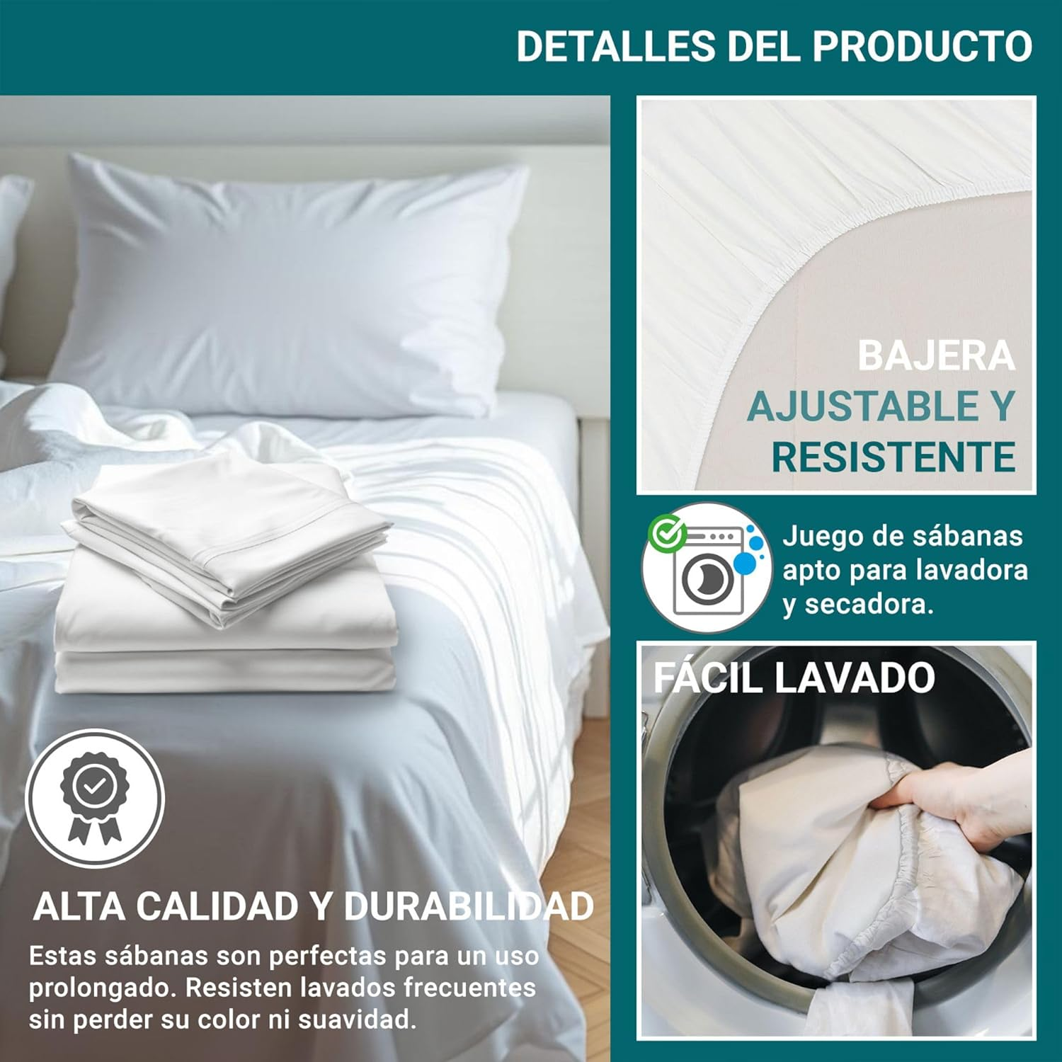 ECOMMERC3 4 Piece Bedding Set for 180 Cm Bed, Fitted Sheet, Duvet Cover and 2 Pillowcases 45 X 100 Cm, White image number 3