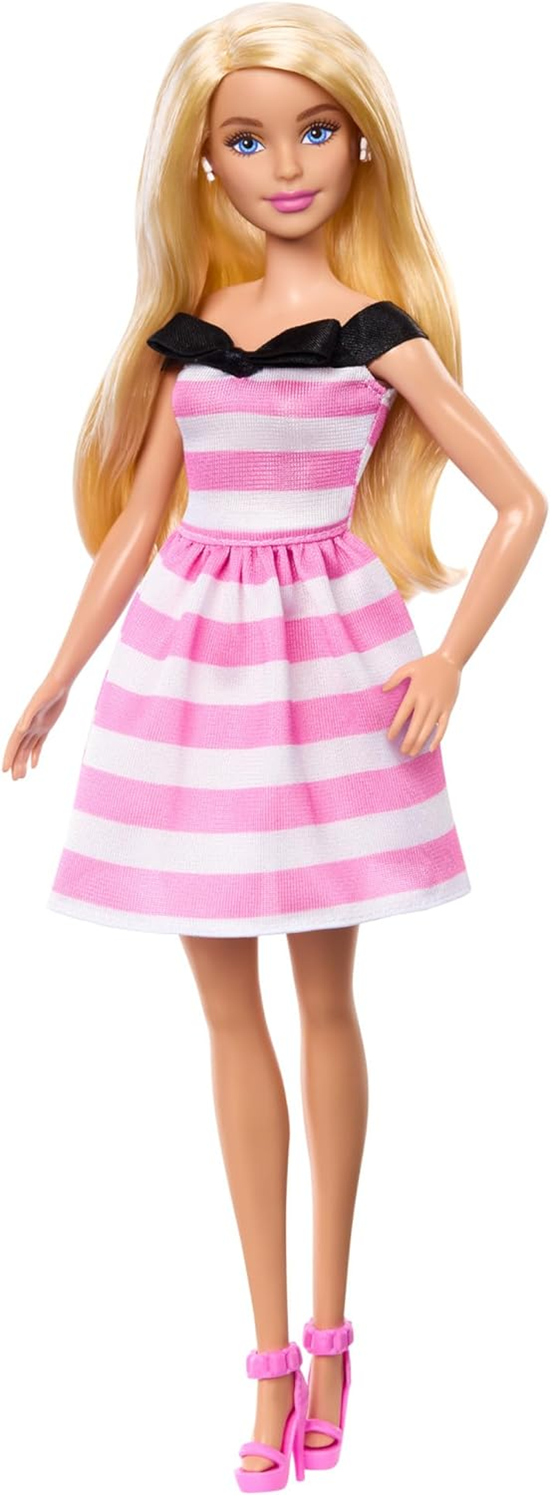 Barbie Doll and Accessories, 65Th Anniversary Commemorative Doll with Blonde Hair, Pink and White Striped Dress with Matching Heels image number 5