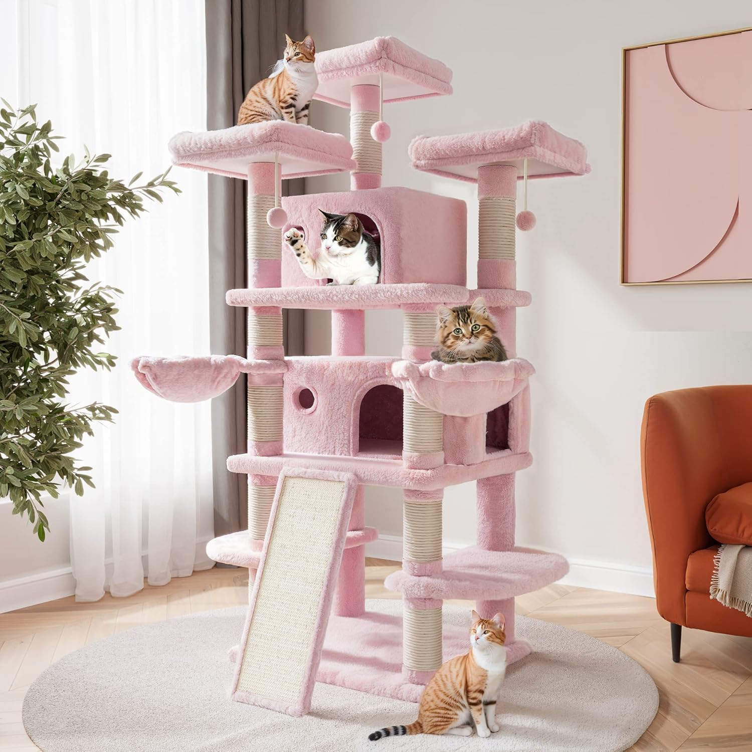 SHA CERLIN 68 Inches Multi-Level Large Cat Tree for Large Kitties/Big Cat Tower with Condo/Cozy Plush &zwnj;Pussycat Perches/Sisal Scratching Posts and Hammocks/Activity Center/Pink