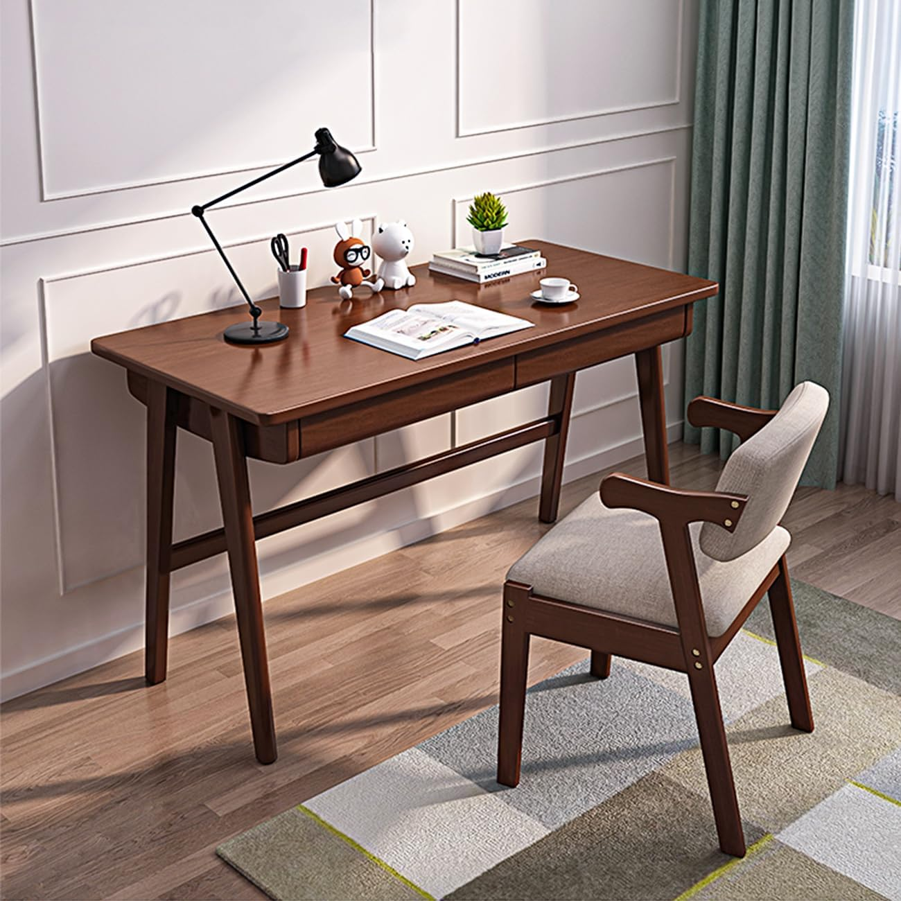 Wood Writing Desk with 2 Drawer,Home Office Desk for Small Spaces Study Desk PC Table Workstation (Walnut, 100X60X75Cm) image number 2