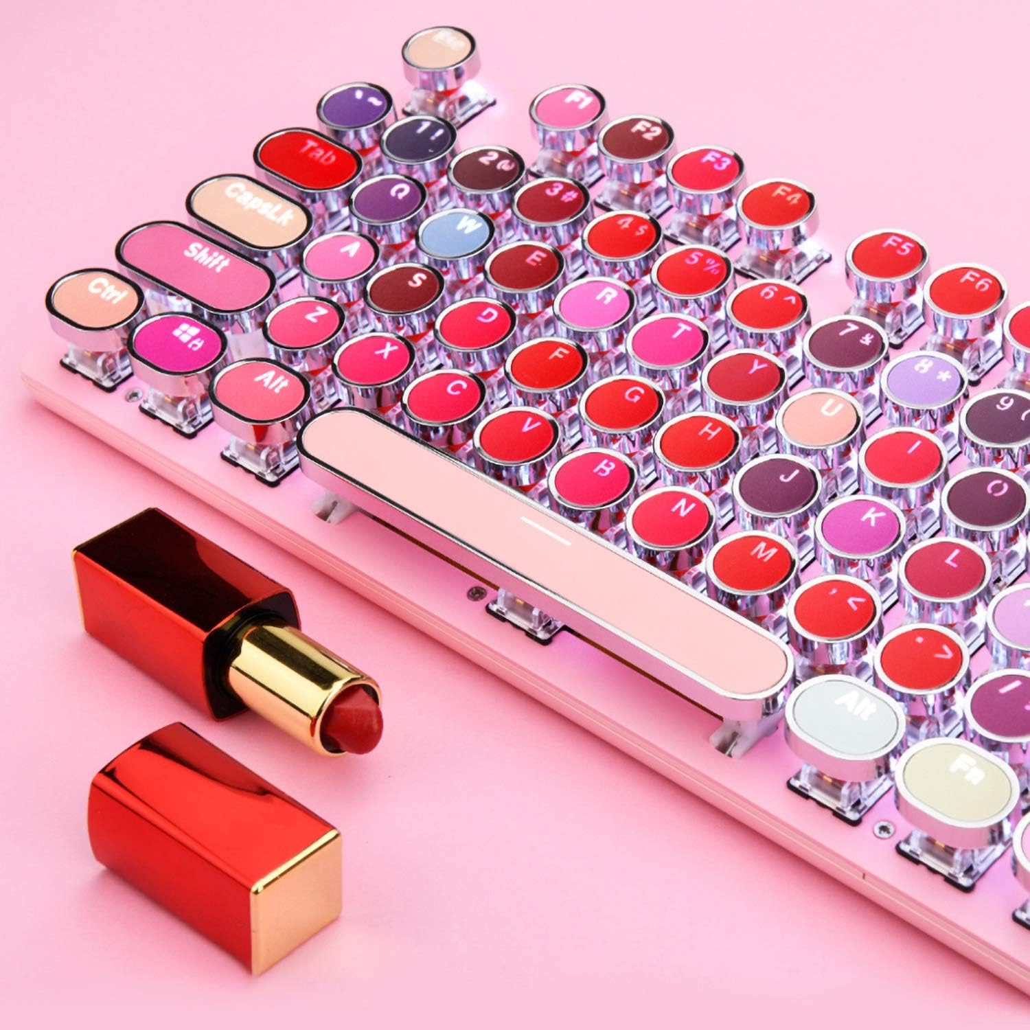 Typewriter Keyboard with White LED Backlit, Retro Steampunk Vintage Style Mechanical Gaming Keyboard 104 Keys Anti-Ghosting Blue Switch round Keycaps Metal Panel Wired USB for PC and Mac, Pink image number 1