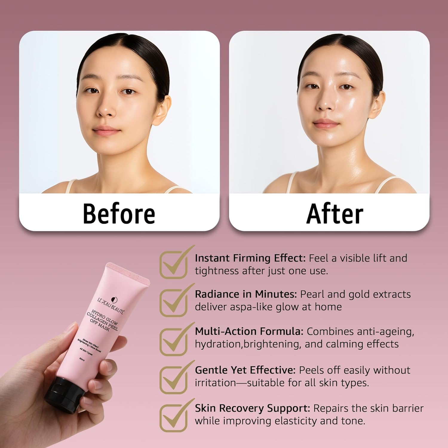 Le Peau Beaut&eacute; Hydraglow Collagen Peel-Off Mask &ndash; Firming, Brightening, Hydrating &ndash; Anti-Aging Face Mask with Collagen, Niacinamide, Hyaluronic Acid, Peptides