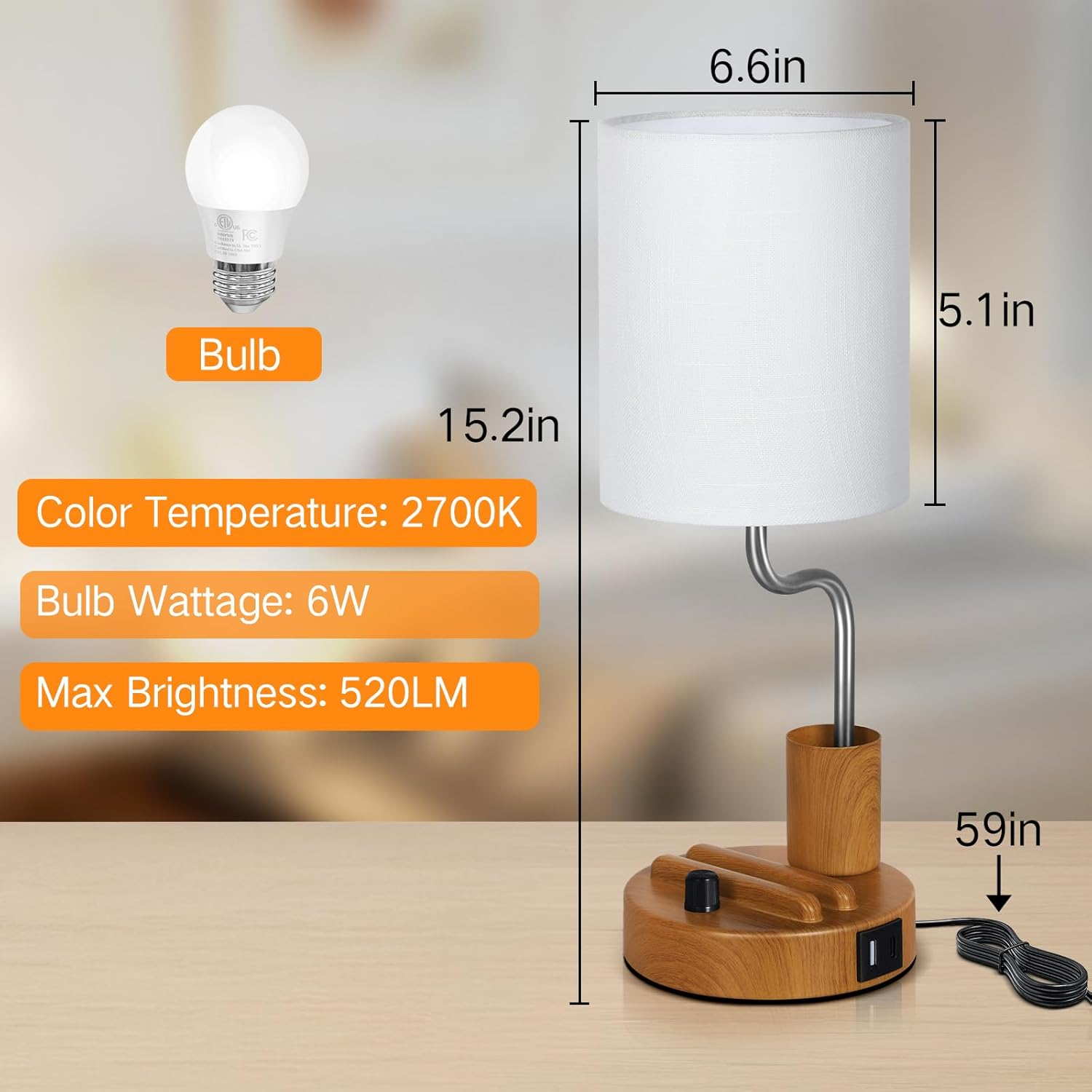 OUTON Bedside Table Lamps &ndash; Stepless Dimmable Nightstand Light with Linen Shade, USB-A & USB-C Ports, Phone Stand & Pen Holder, 2700K Warm LED Bulb Included, for Bedroom, Dorm, Office, Wood