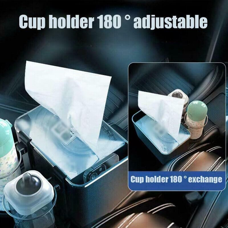 Car Armrest Storage Box Cup Holder Tissue Box Drawer Holders Car Seat Organizer Multifunctional Car Console Organizer with 2 Foldable Cup Holders image number 6