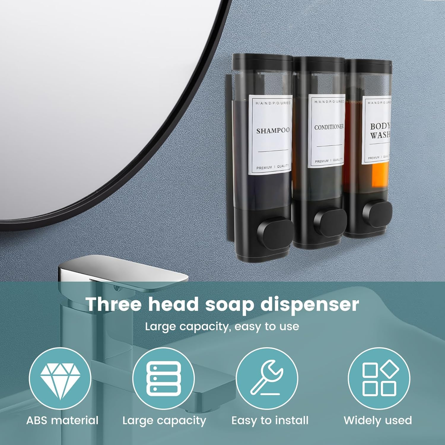 No Drill Shower Soap and Shampoo Dispenser - 3 Chamber Wall Mounted for Bathroom (Black) image number 3