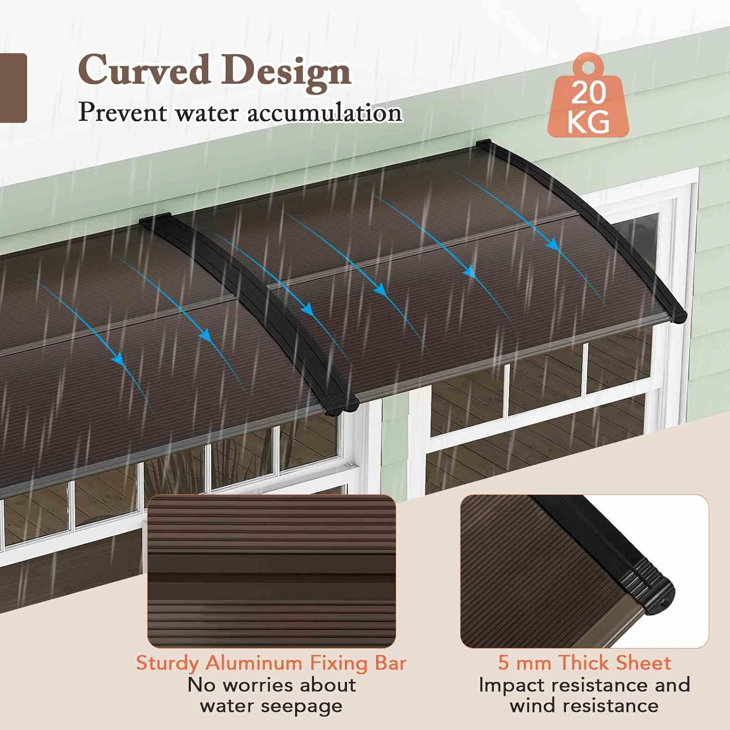 Costway 122 X 99Cm Window Door Awning Canopy W/ UPF50+ Sun Rain Snow Protection Hallow Polycarbonate Sheet, Entry Door Outdoor Patio Overhang Awing Exterior (Coffee) image number 4