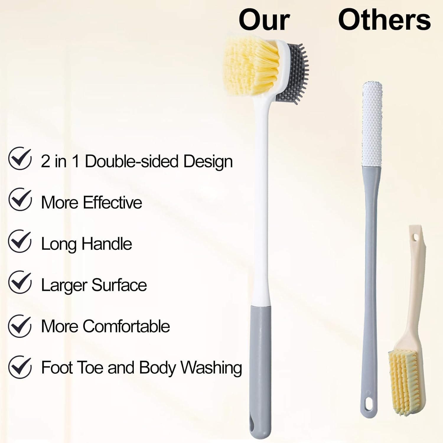 Beomeen 2 Pack Foot Scrubber Brush, Shower Foot Scrubber Long Handle for Toe Gap Cleaning, Double-Sided Silicone and Soft Bristle Scrub Brush for Skin Exfoliation, Seniors, Adults, Grey - Grey 2 image number 6