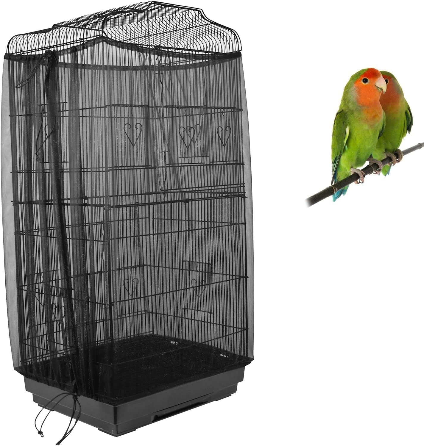 ASOCEA Bird Cage Seed Catcher Adjustable Bird Cage Cover Soft Nylon Mesh Net with Drawstring Birdcage Skirt Feather Guard for round Square Cages (Black) (200 X70 Cm)