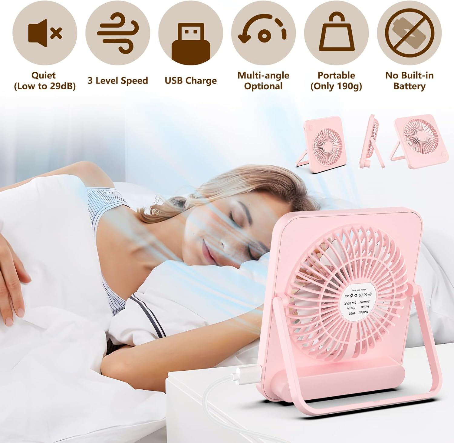 Hianjoo Mini Desk Fan, Personal USB Powered (No Battery) Portable Desktop Table Mini Cooling Fan 3 Speeds Angle Adjustable Quiet Strong Wind Small Fan for Home Bedroom Office Car, Cherry Blossom Pink image number 3