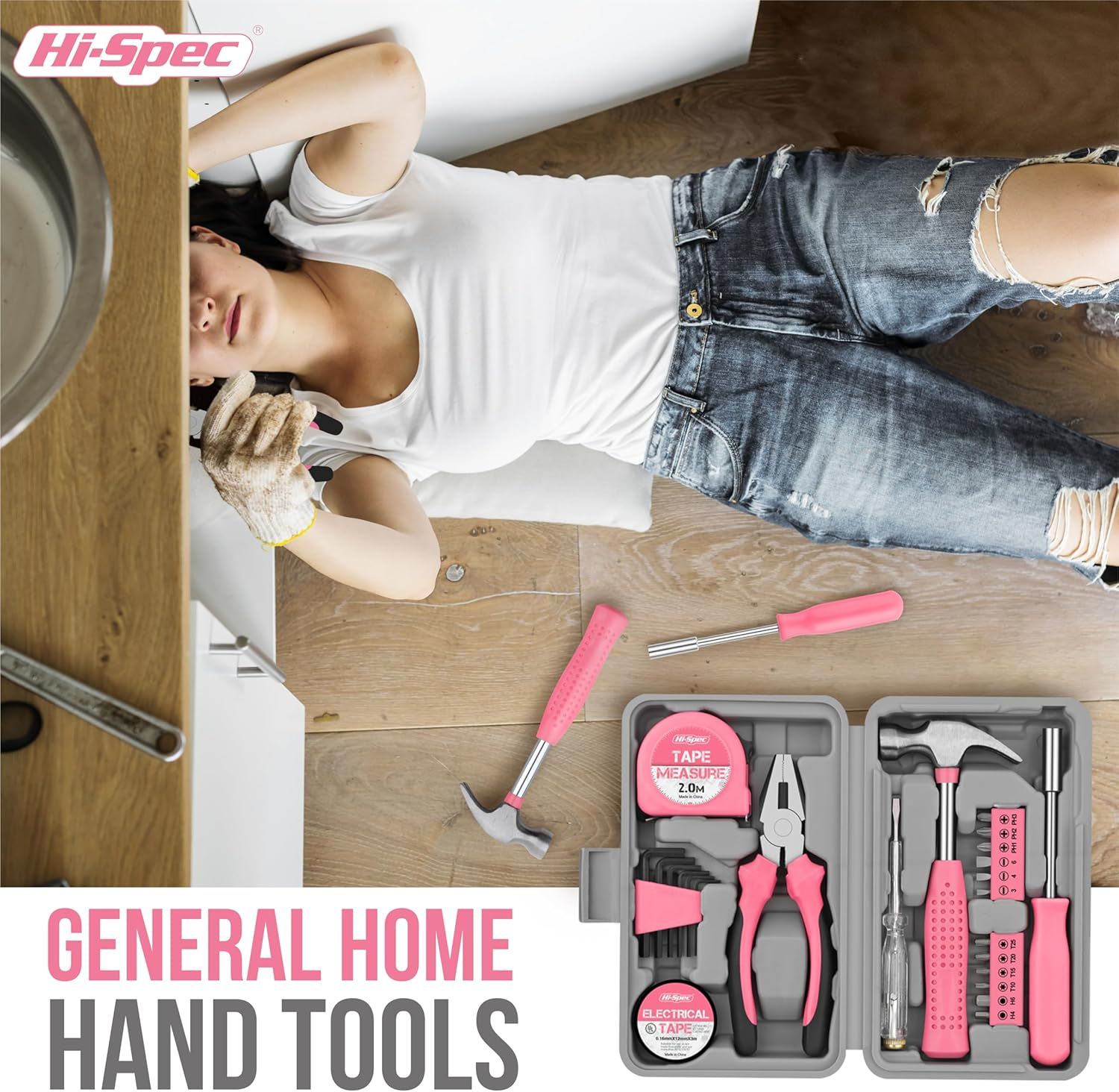Hi-Spec 24Pc Pink Household Toolkit for Women. Small DIY Mini Toolset of Starter Basic Ladies Tools for Home & Office with Tool Box image number 6