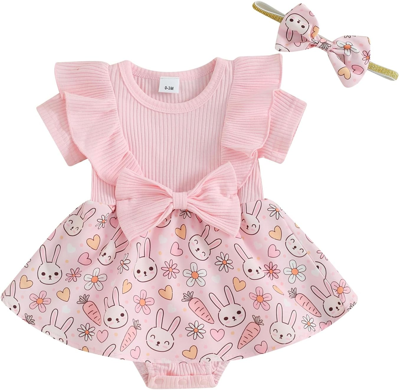 Newborn Baby Girl Easter Outfit Bunny Ruffle Short Sleeve Romper Dress with Headband Set Spring Summer Clothes image number 1