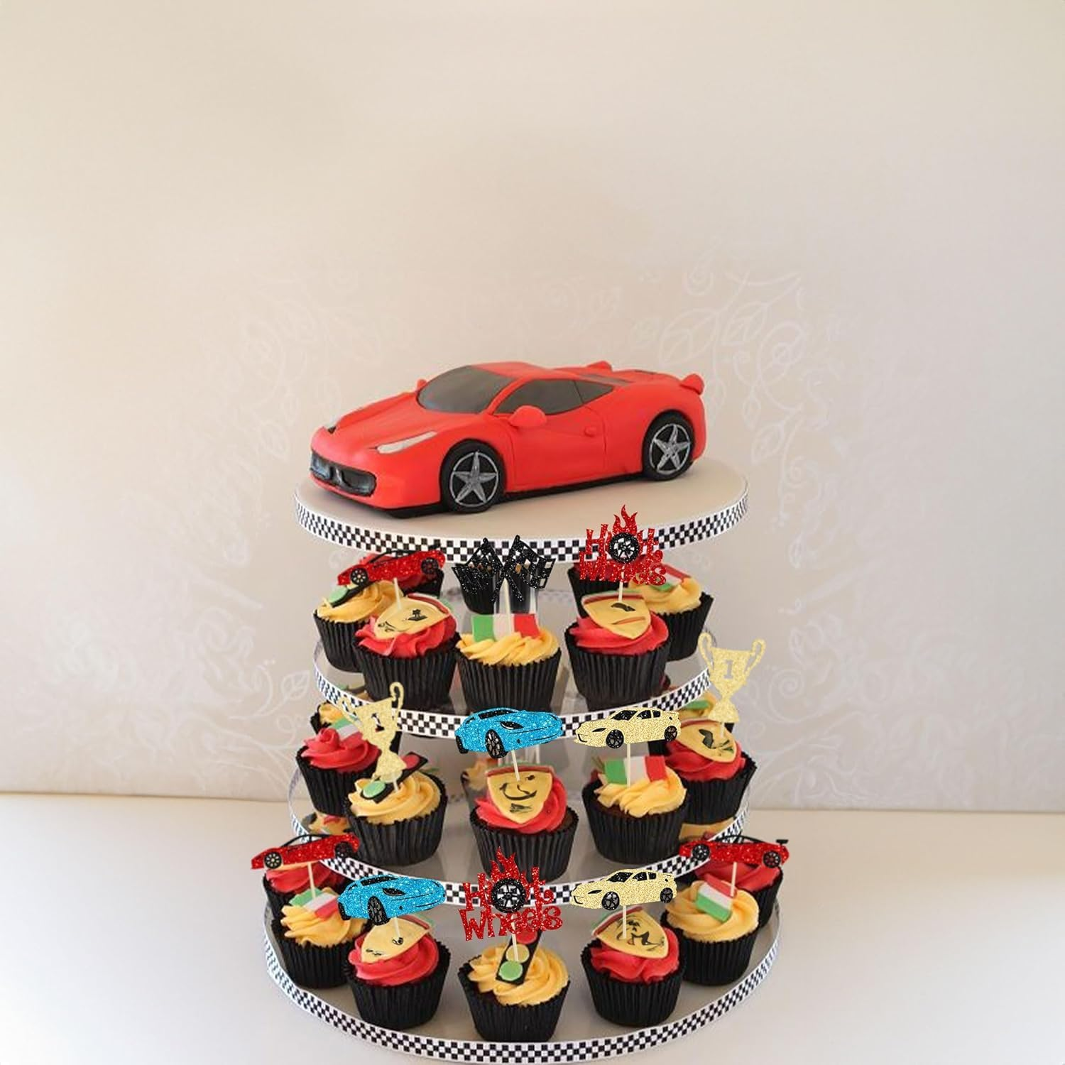 Confetti! 24Pcs Race Car Cupcake Toppers Glitter Traffic Light Steering Wheel Trophy Flag Racing Car Cupcake Pick Decorations for Let'S Go Racing Sports Theme Birthday Party & Baby Shower image number 3
