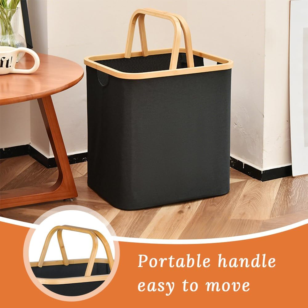 Foldable Laundry Basket with Wooden Handle, Home Dirty Laundry Hamper, Multi-Function Storage Basket for Toys, Blankets and Clothes, Suitable for Living Room, Bathroom, Laundry Room, Etc. (Black) image number 3