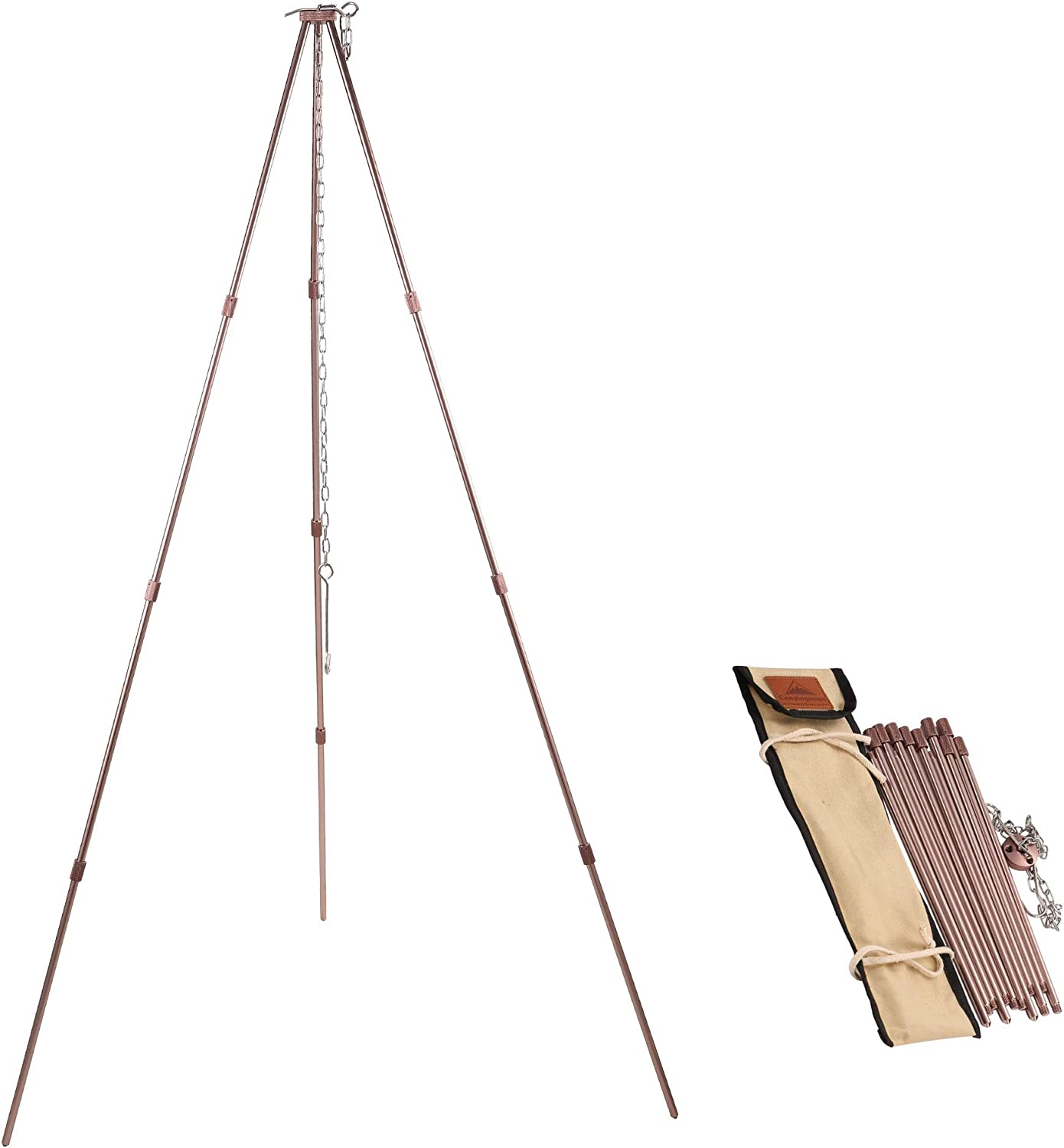 CAMPINGMOON Camping Campfire Tripod with Carrying Bag Portable Lightweight Aluminum 41.3-Inch Height Stainless Steel Chain