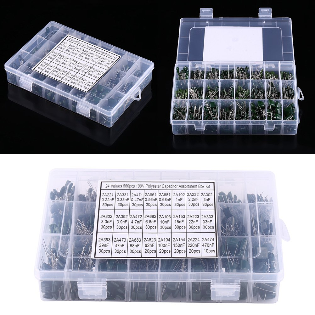 660Pcs Polyester Capacitor，24Value Polyester Film Paper Capacitors Set 100V Assorted Kit，0.22Nf~470Nf Capacitor Assortment image number 1