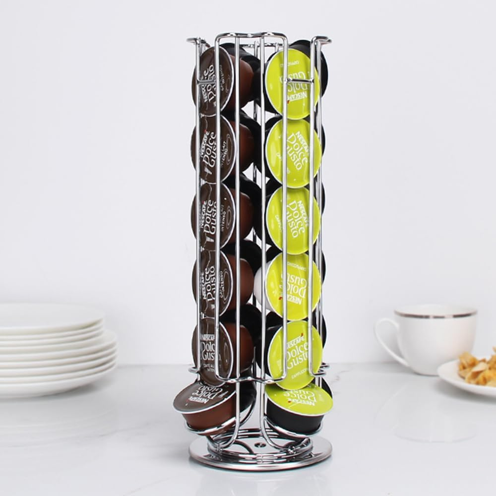 BIGTEDDY Dolce Gusto Coffee Capsule Storage Rack, 24 Pods, Silver, Modern, Revolving, Countertop, Home, Bar, Office, Restaurant, 13*13*33 Cm image number 6