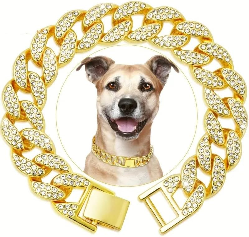 Diamond Cuban Link Dog Collar,15Mm Wide Metal Necklace with Crystal Accents,Adjustable Gold Chain Collar for Small, Medium, and Large Dogs and Cats(16 Inch) image number 3