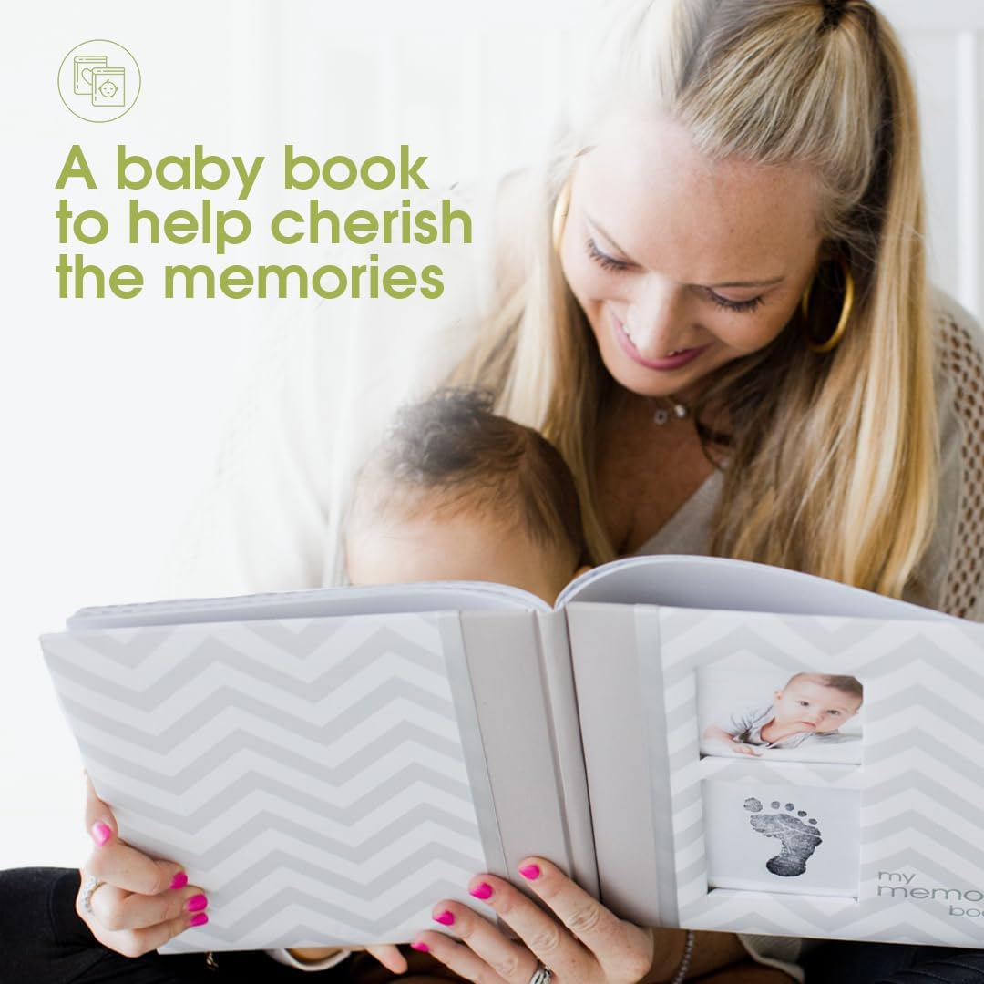 Pearhead Baby Memory Book with Ink Pad, Chevron Grey - Blue image number 5