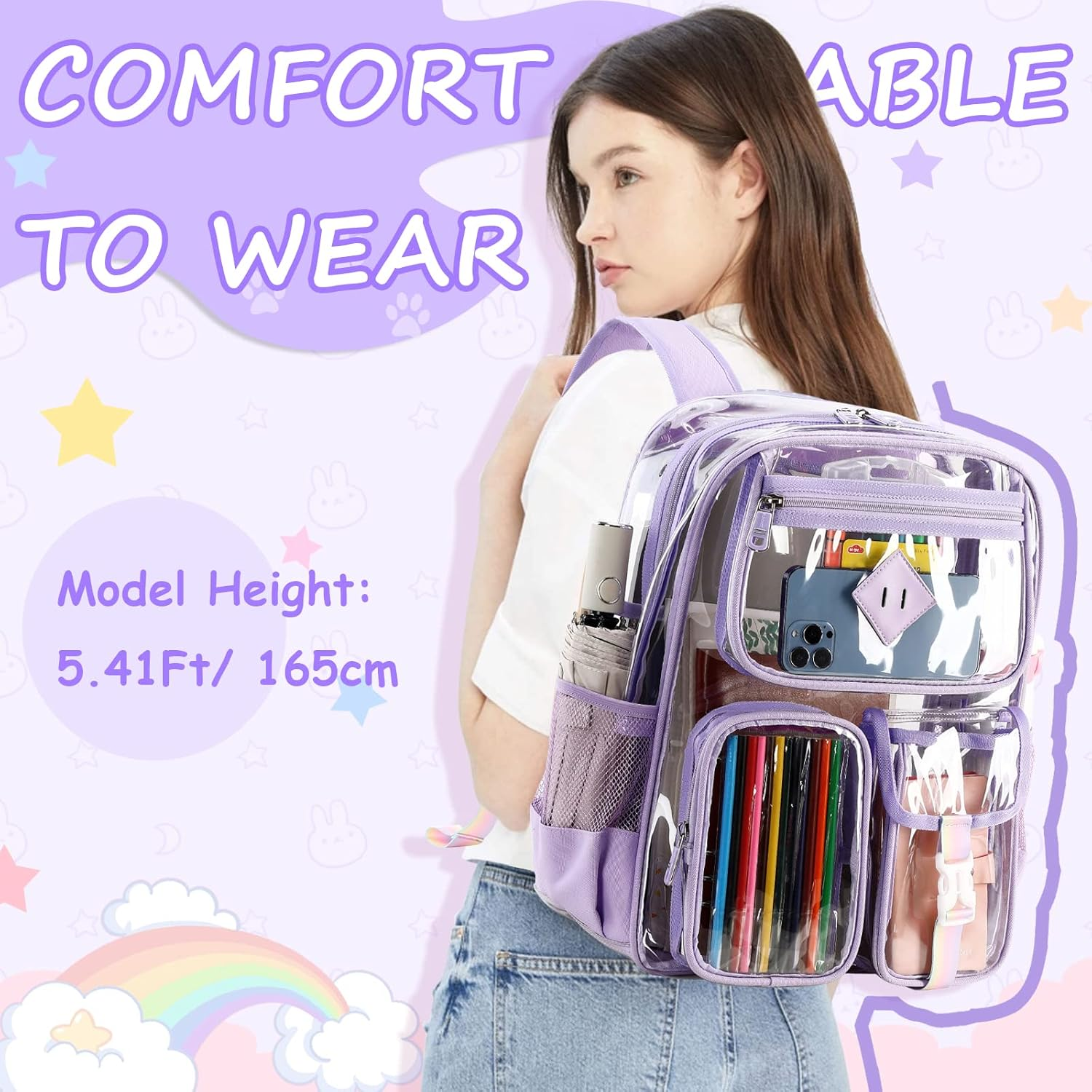 Clear Backpack for School,Heavy Duty PVC Transparent Bookbag for Girls Stadium Approved See through Backpack image number 4