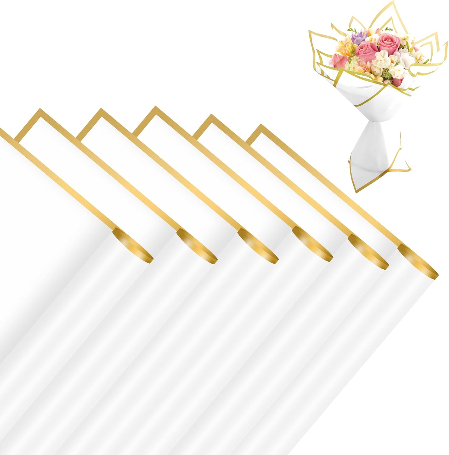 Gold Edge Wrapping Paper 20 Sheets - White Floral Gift Wrap with Golden Border for Bouquets, Wedding, Anniversary, Gift Packaging, Flower Shop