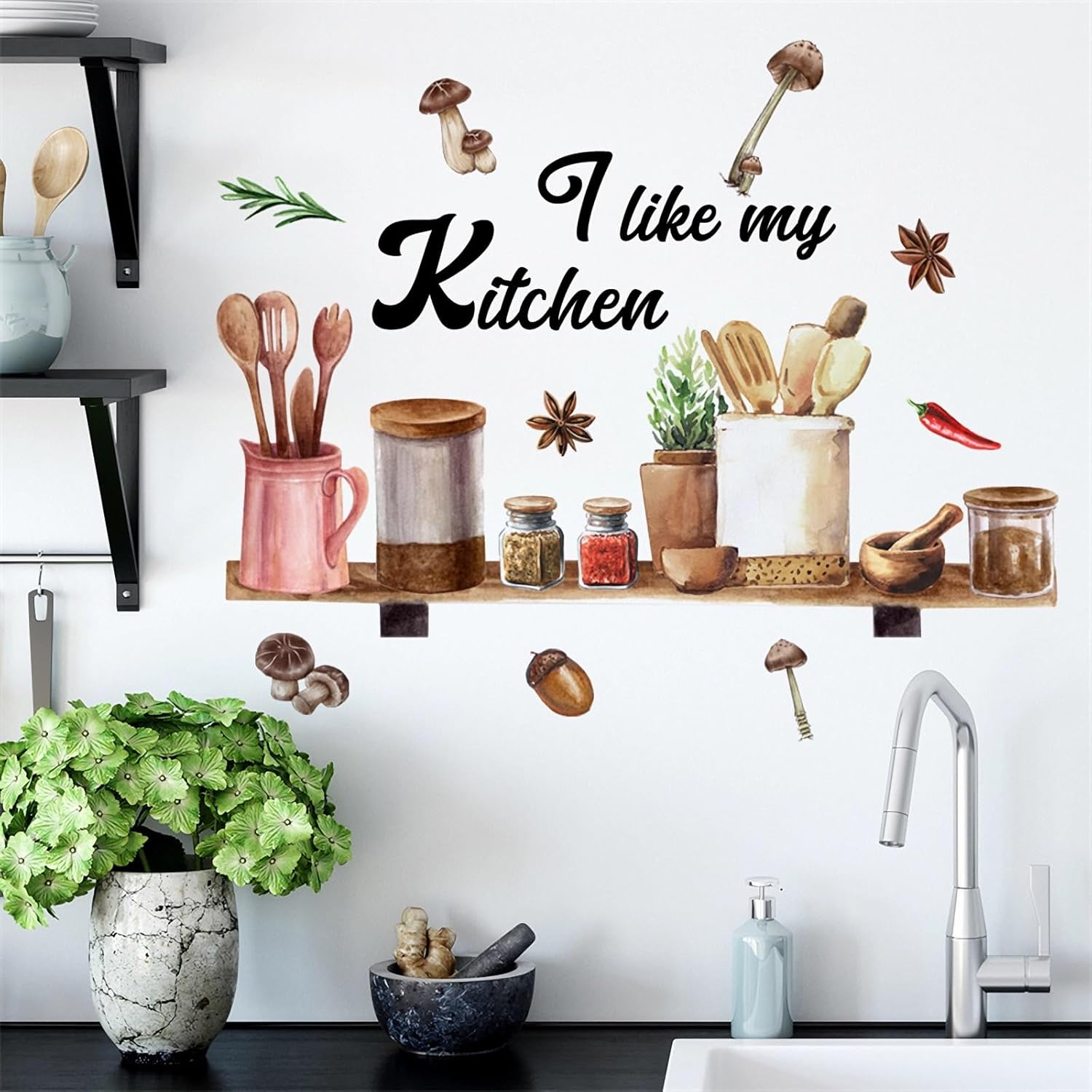 Kitchenware Utensil Shelf Wall Stickers, Sacinora I Love My Kitchen DIY Wall Decals Removable Vinyl Peel and Stick for Kitchen Dining Restaurant Baking Room Bar Home Decor image number 2