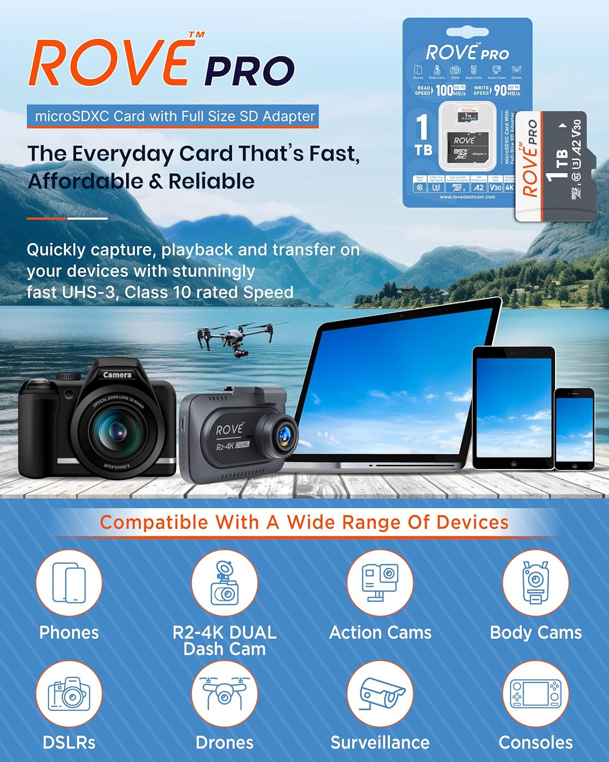 ROVE PRO 1TB Micro SD Card Microsdxc Memory Card with Full-Size SD Adapter 100Mb/S Read Speed, C10, U3, V30, 4K, A2 for R2-4K Dual Dash Cam, Android Smart Phones, Tablets, Games image number 4