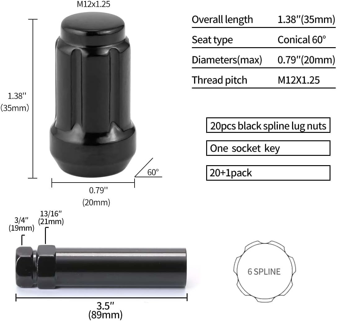 20 Pcs M12X1.25 Black 6 Spline Lug Nuts with Socket Key - anti Theft, 1.38" Long image number 4