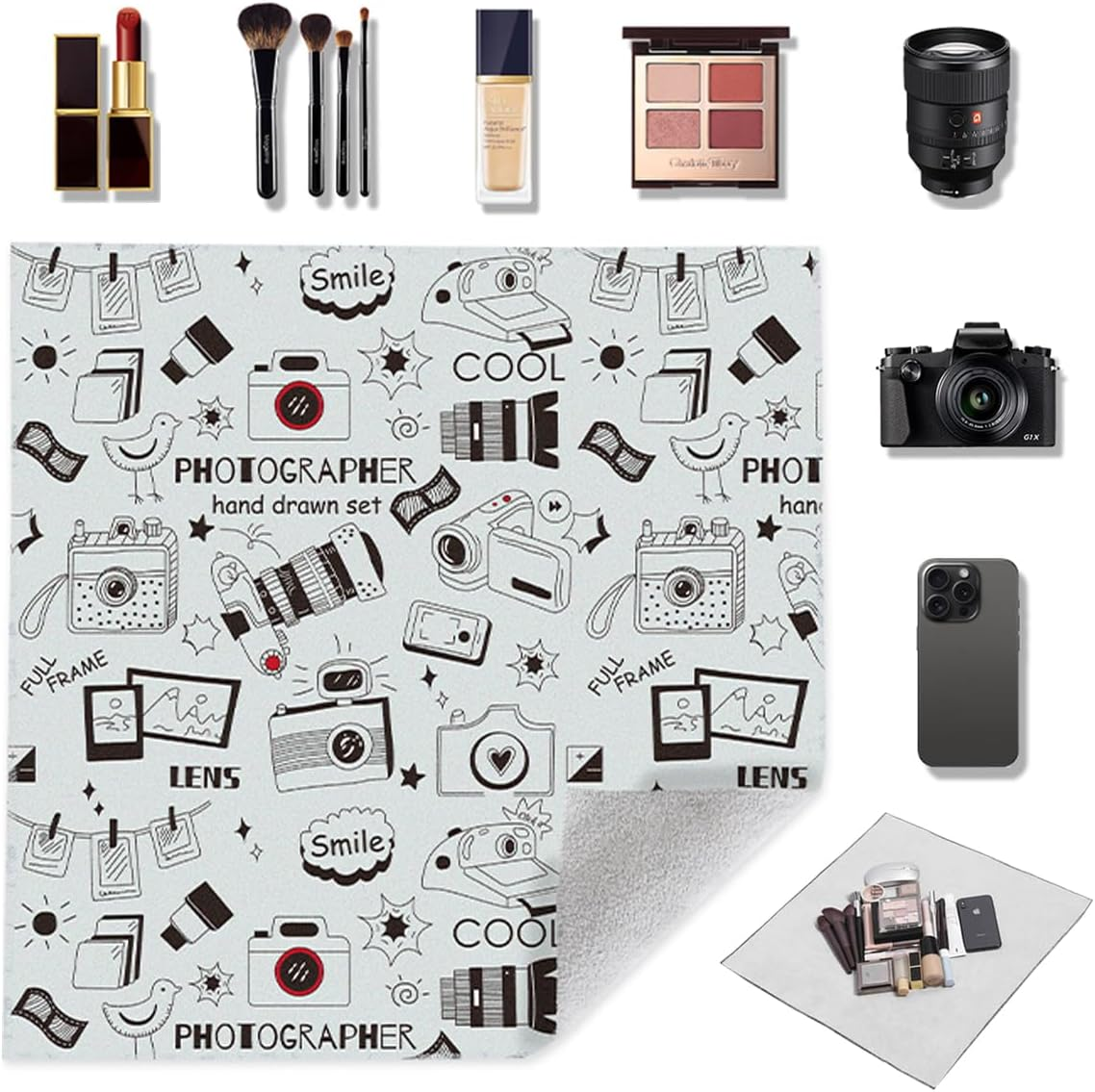 Self-Adhesive Magic Cloth Makeup Bag, Multi-Functional Cosmetic Bag, Portable Make up Wrap for Travel, Open Lay Flat Cosmetic Pouch Storage Organizer for Skincare & Makeup Accessories (Cute, 55 * 55)