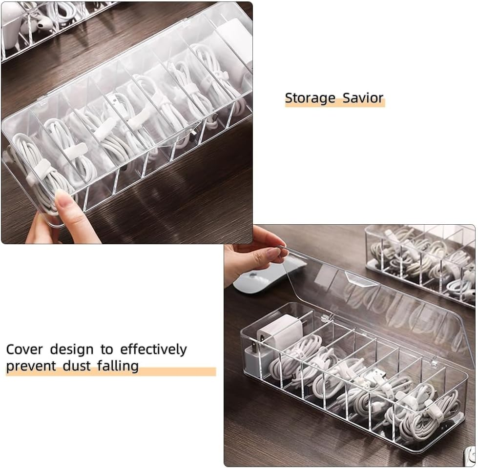 JTGYMY Plastic Cable Management Box with 10 Wire Ties, Clear Power Cord Organizer with 8 Compartments, Transparent Data Cable Organizer image number 5