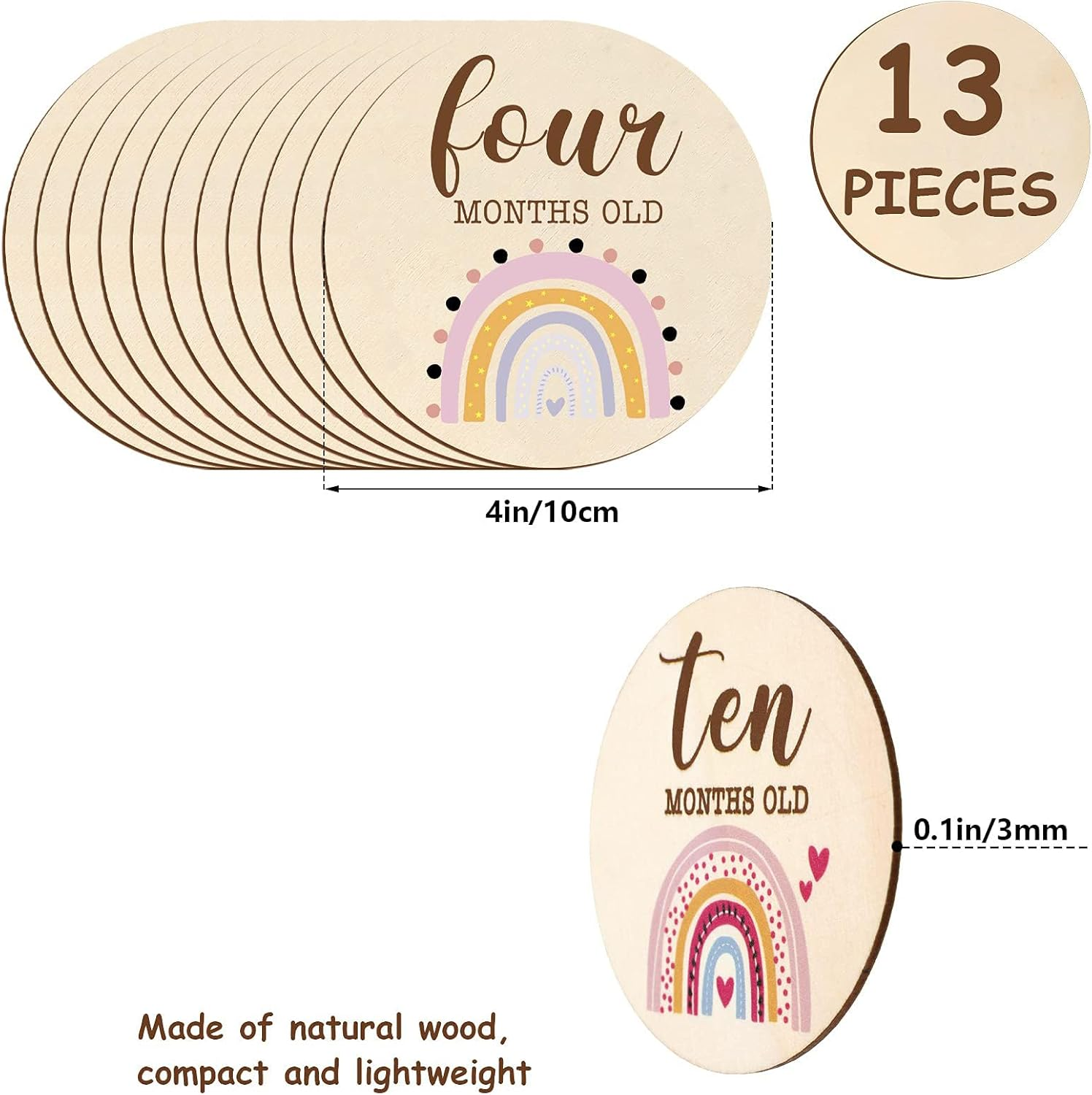 13Pcs Baby Monthly Milestone Wooden Cards, Boho Rainbow Double Sided Printed Milestone Discs Gift with Storage Bag, Photography Prop Discs Sets Birth Announcement Sign for Baby Shower Newborn Pregnancy image number 3