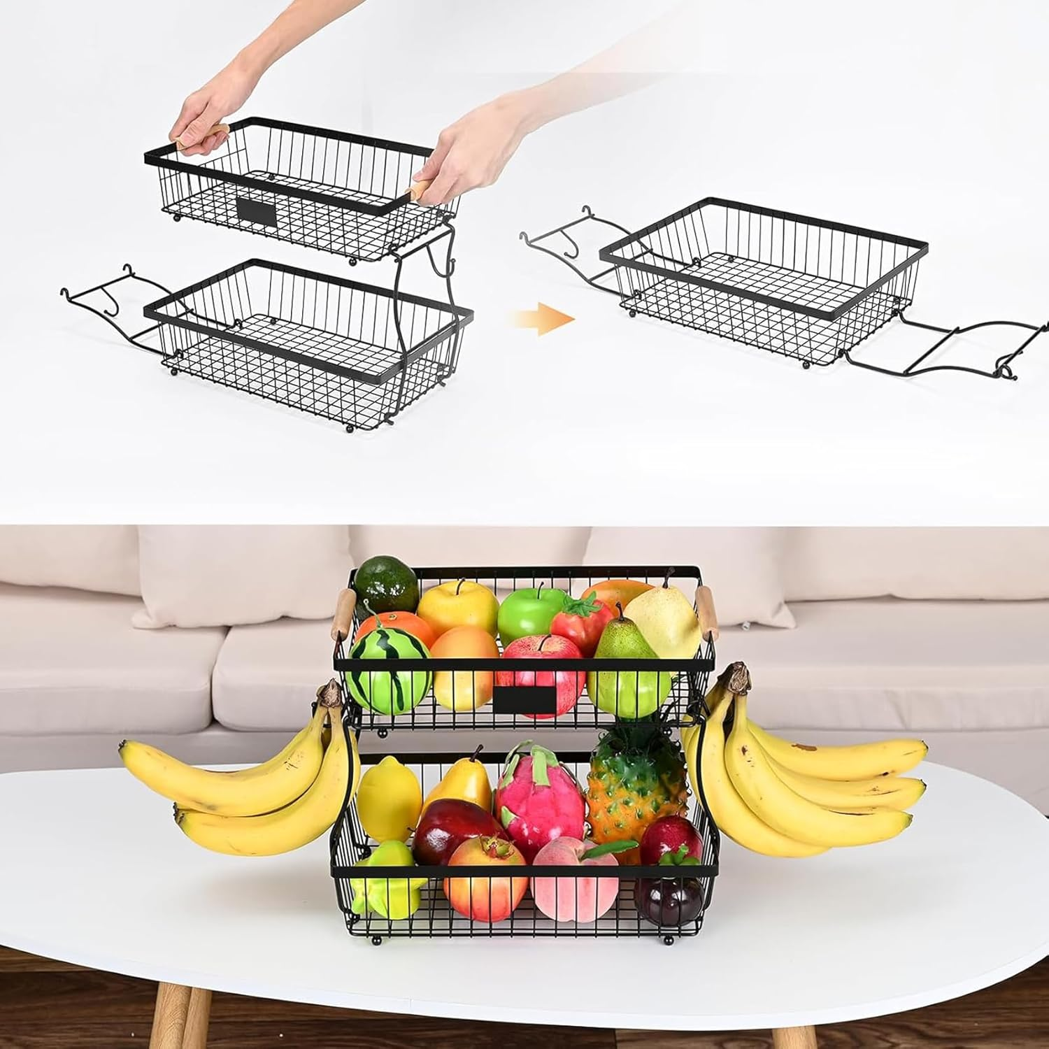 2-Tier Fruit Basket, Detachable Vegetable Basket Bowl with 2 Banana Hangers, Kitchen Countertop Fruit Stand Holder, Metal Wire Storage Organizer for Bread Snack Veggies Produce, Black 41*24*29Cm image number 1