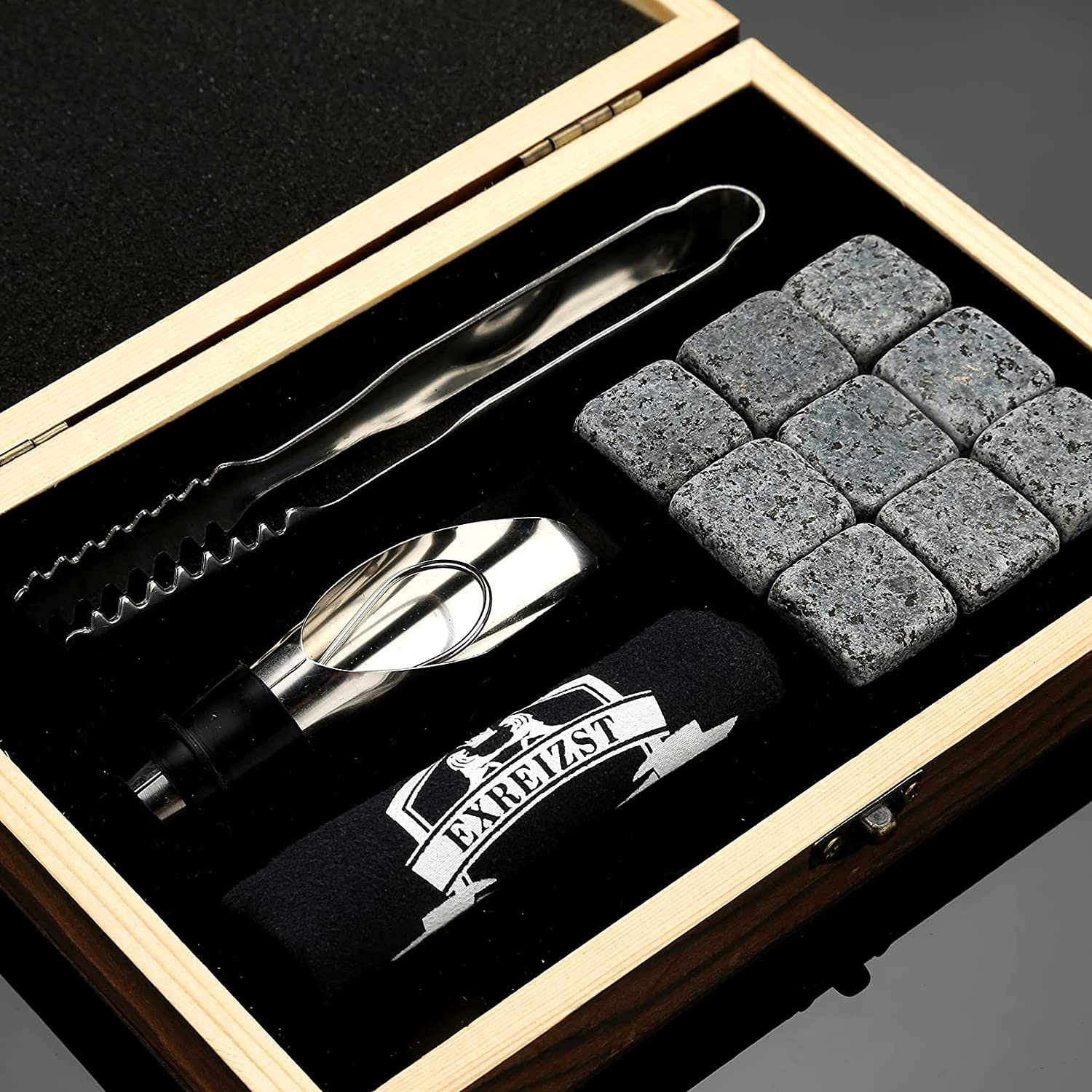 Whiskey Stones Gift Set - 9 Granite Chilling Stones Whisky Rocks - Reusable Ice Cubes with Tongs Stopper - Best Drinking Present for Men Dad Party Birthday Anniversary Retirement Father'S Day (Gray) image number 5